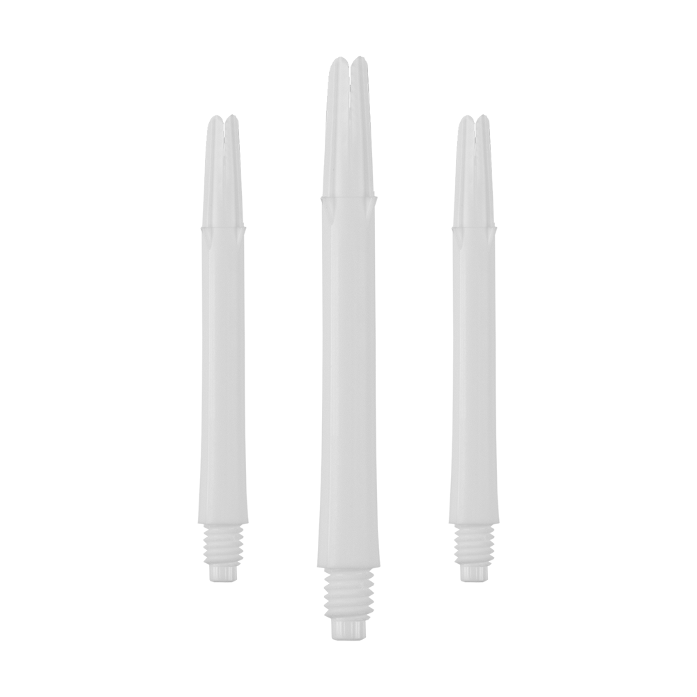 L-L-Style-Shafts Locked Straight - White Das Bild zeigt drei weiße, gerade Dartschäfte mit Gewinde. Sie stehen aufrecht und sind ohne Kappen dargestellt.