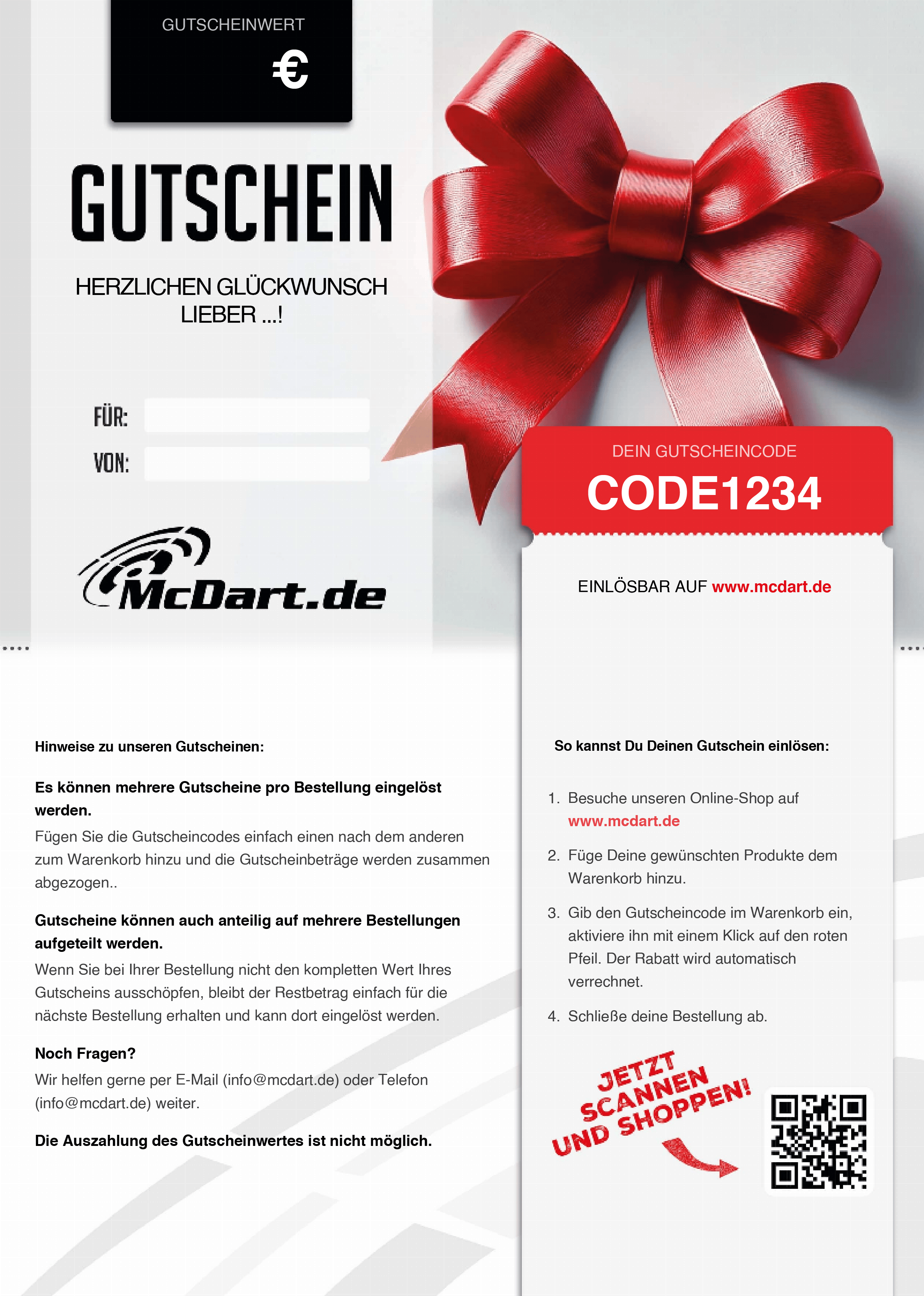 Voucher - Red Ribbon Das Bild zeigt einen Geschenkgutschein von McDart.de mit einer großen roten Schleife. Rechts befindet sich ein Feld mit einem Gutscheincode und einer Anleitung zur Einlösung des Gutscheins.