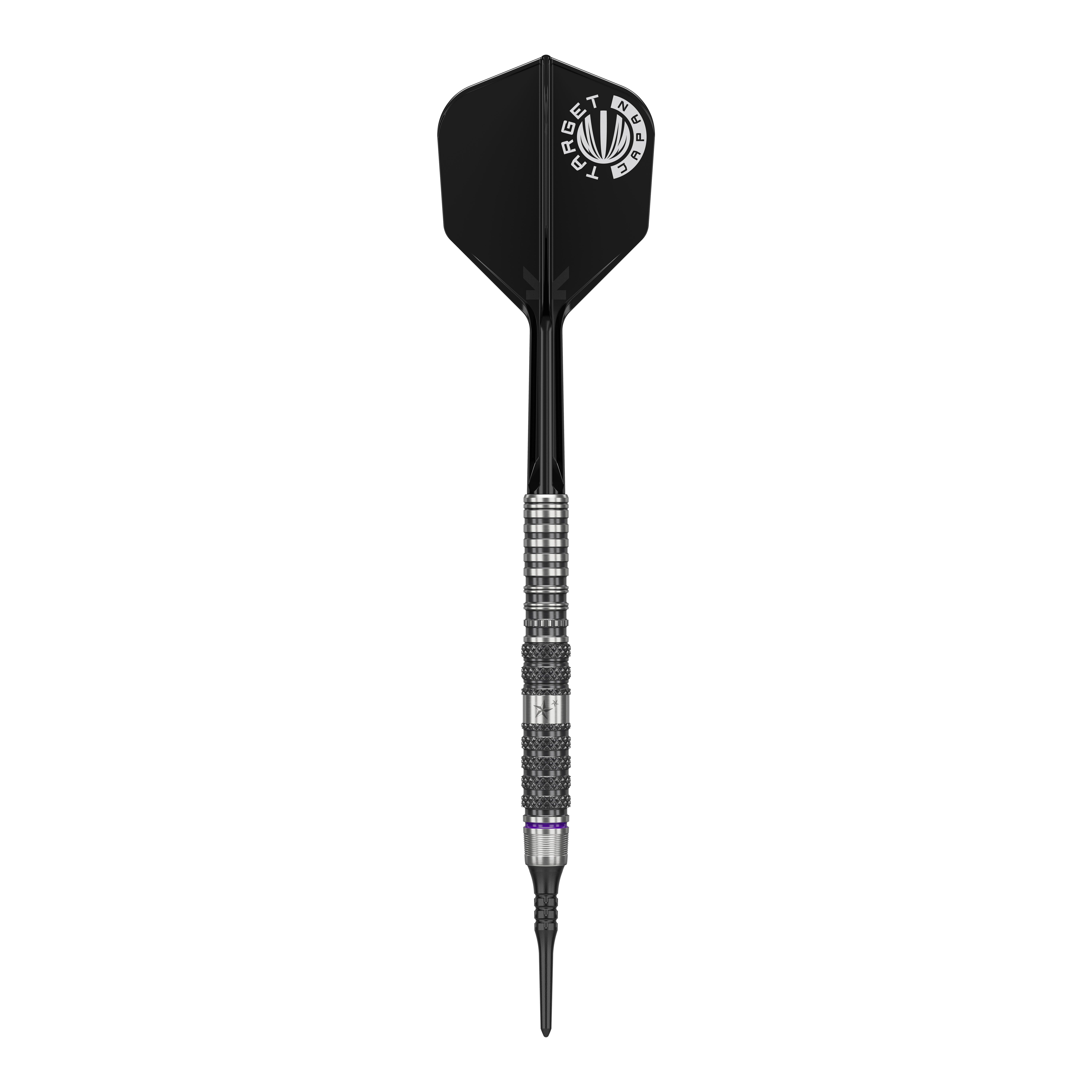Target Japan Yuta Hayashi Sirius GEN3 Soft Darts - 19g Das Bild zeigt einen Softdartpfeil mit schwarzem Flight und silbernem, strukturiertem Barrel. Es handelt sich um das Modell "Target Japan Yuta Hayashi Sirius GEN3 Softdarts - 19g".