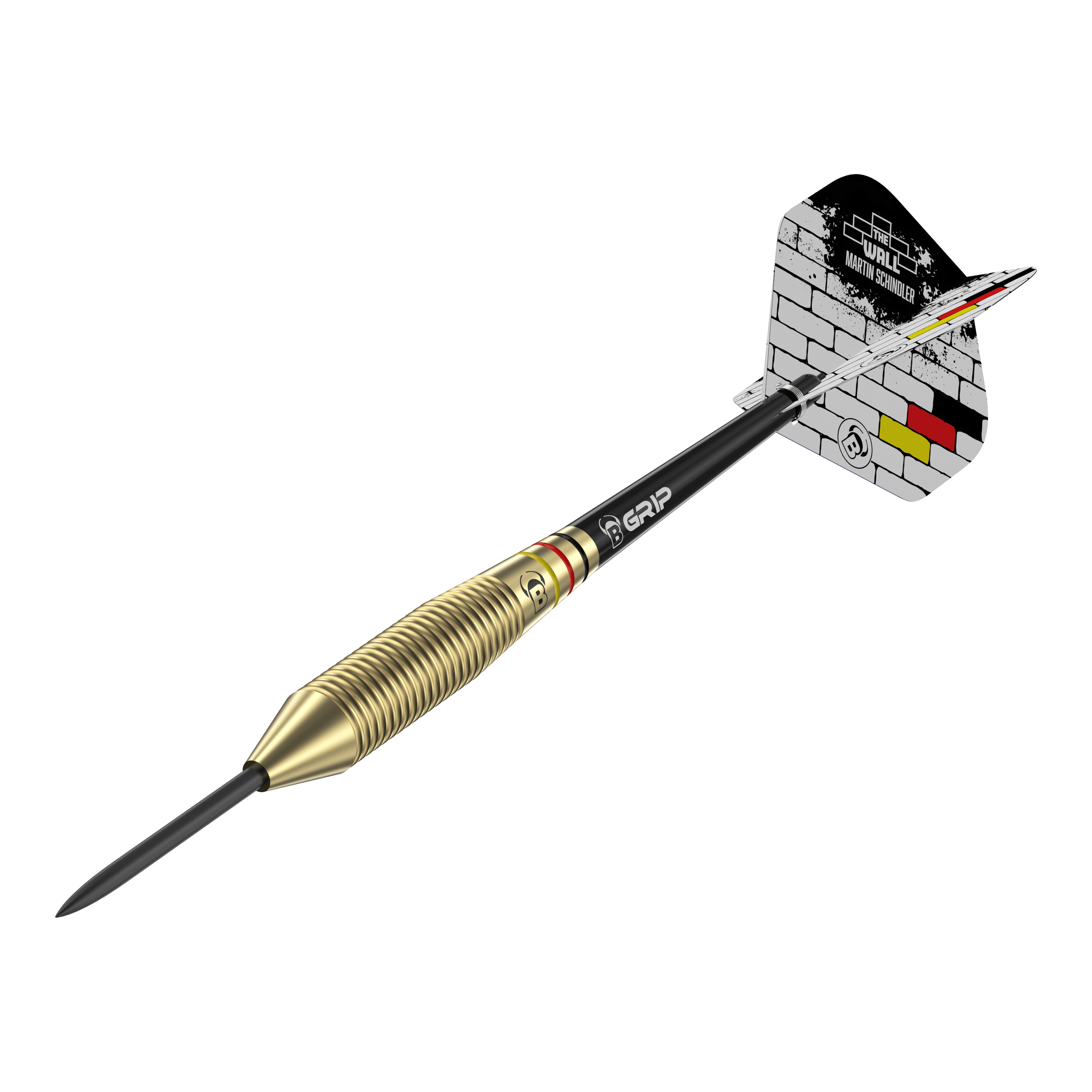 Bulls Martin Schindler The Wall Brass Steeldarts Das Bild zeigt einen Steeldart mit messingfarbenem Griff und schwarzem Schaft. Auf dem Flight steht "The Wall Martin Schindler" vor einem gemauerten Hintergrund mit den Farben der deutschen Flagge.