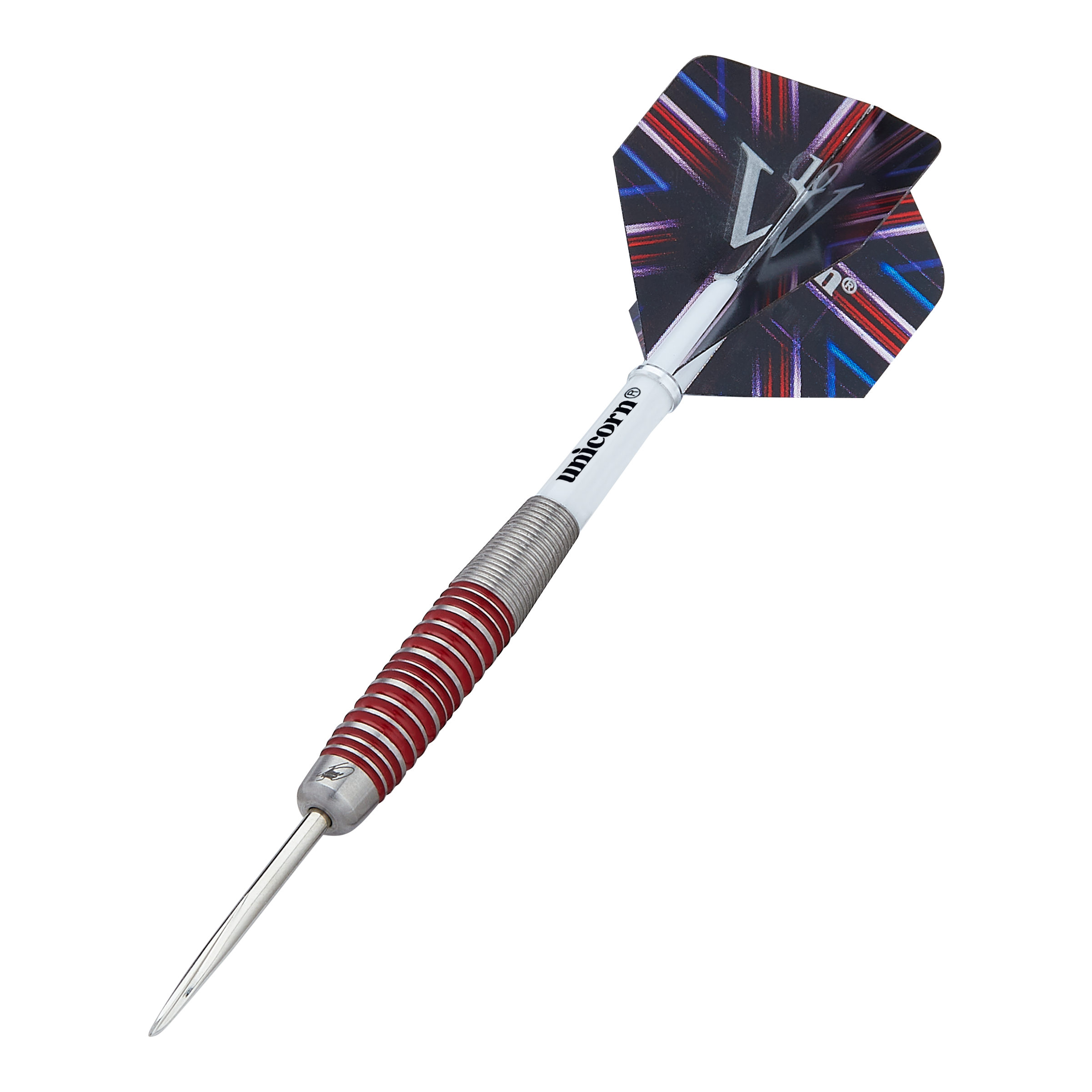 Unicorn The Machine James Wade 90% steel darts Das Bild zeigt einen Steeldart der Marke "Unicorn The Machine James Wade 90%". Der Dart hat einen silbernen Griff mit roten Ringen und eine bunte Flightscheibe am Ende.