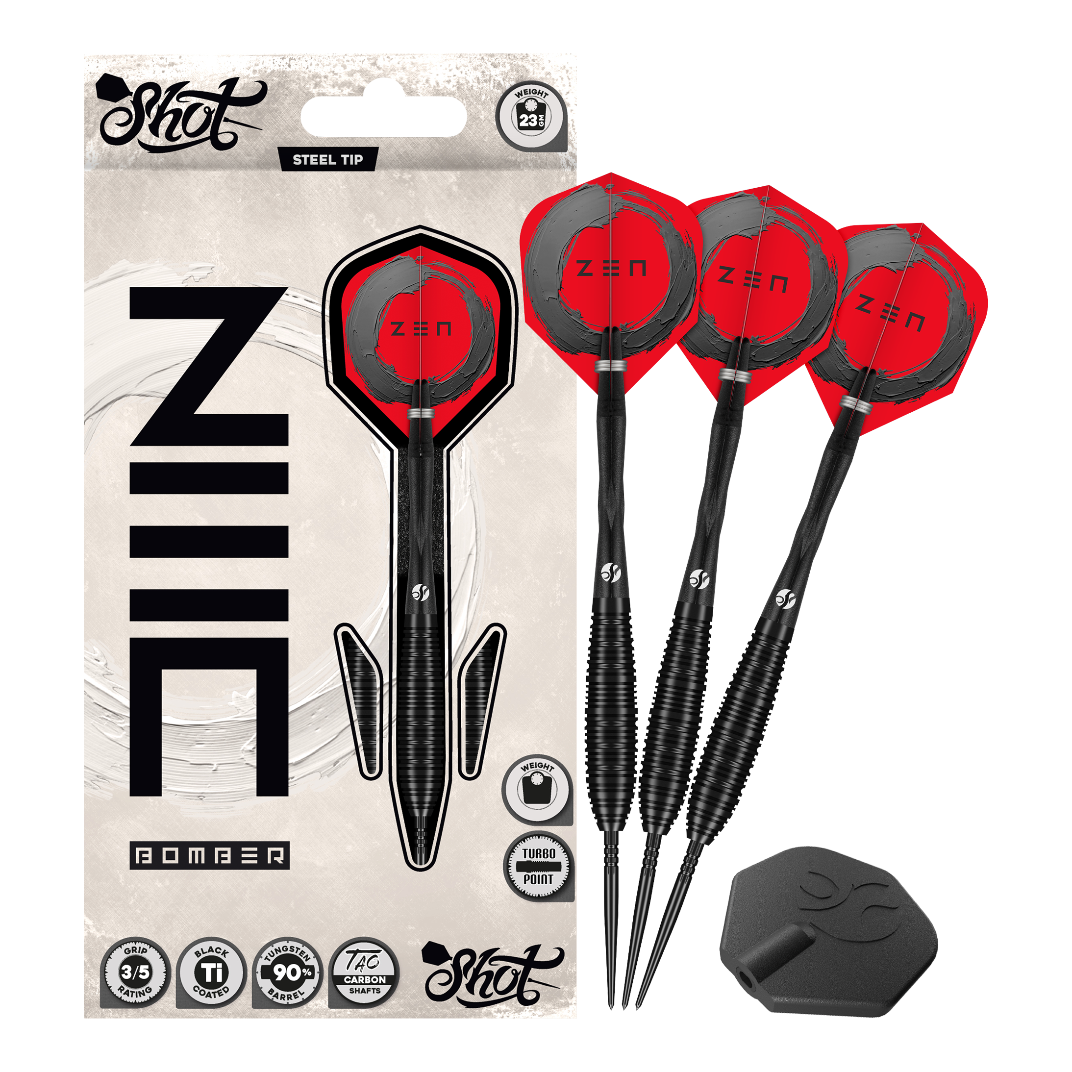 Auf dem Foto ist das Set Shot ZEN Bomber Turbo Point Steeldarts vollständig abgebildet. Dieses Set enthält alle notwendigen Darts für das Spiel.