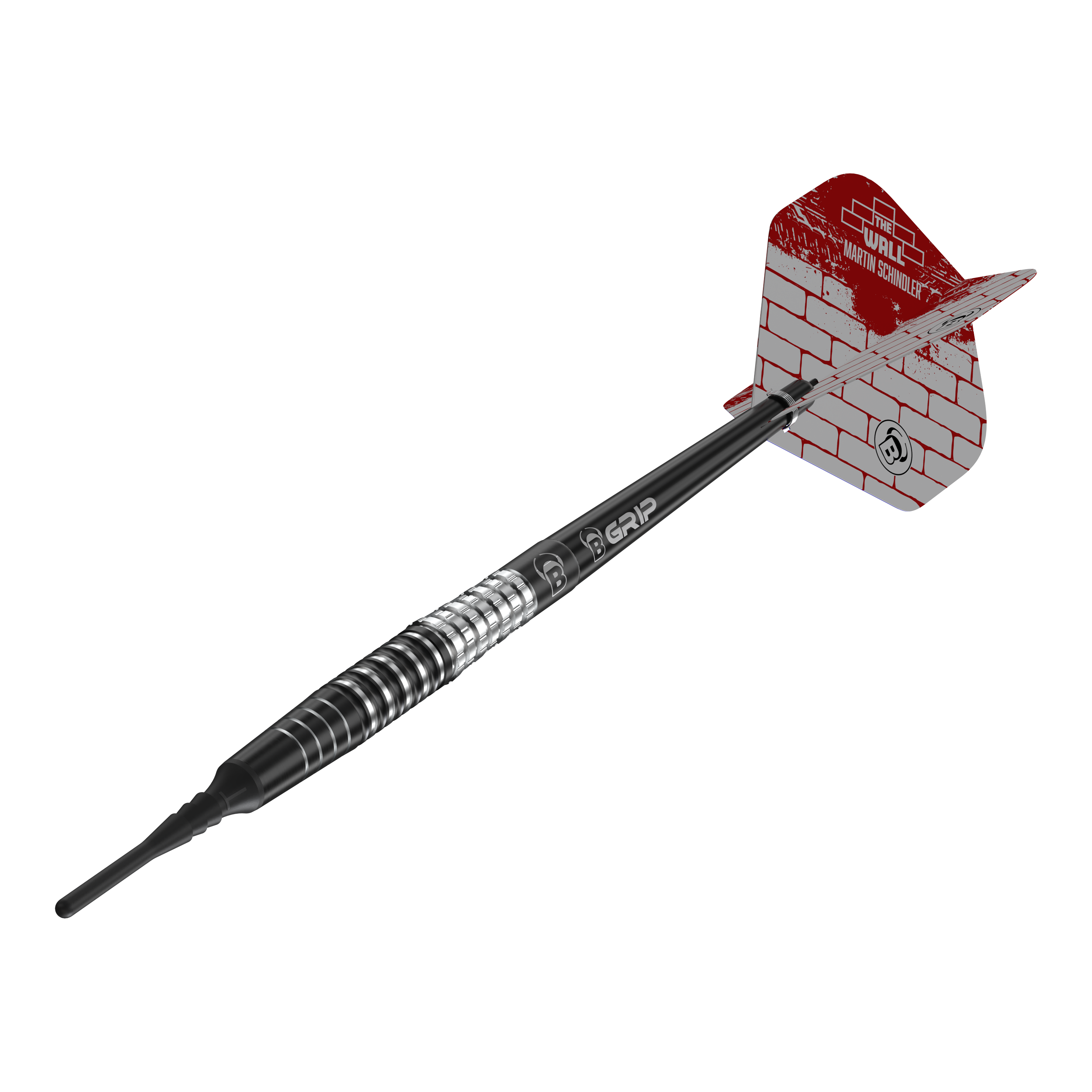 Bulls Martin Schindler Original Generation 3 soft darts Das Bild zeigt einen Softdart aus der Serie "Bulls Martin Schindler Original Generation 3". Der Dart hat ein schwarzes und silbernes Barrel sowie eine rot-weiße Flight mit Mauerstein-Design.