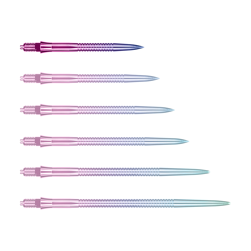 Caliburn EZ-EVO dart tips - Grooved - Rainbow Das Bild zeigt eine einzelne EVO205 Caliburn EZ-EVO Dartspitze Grooved Rainbow 28mm. Die Spitze hat eine auffällige Regenbogenfarbe und eine gerillte Oberfläche.