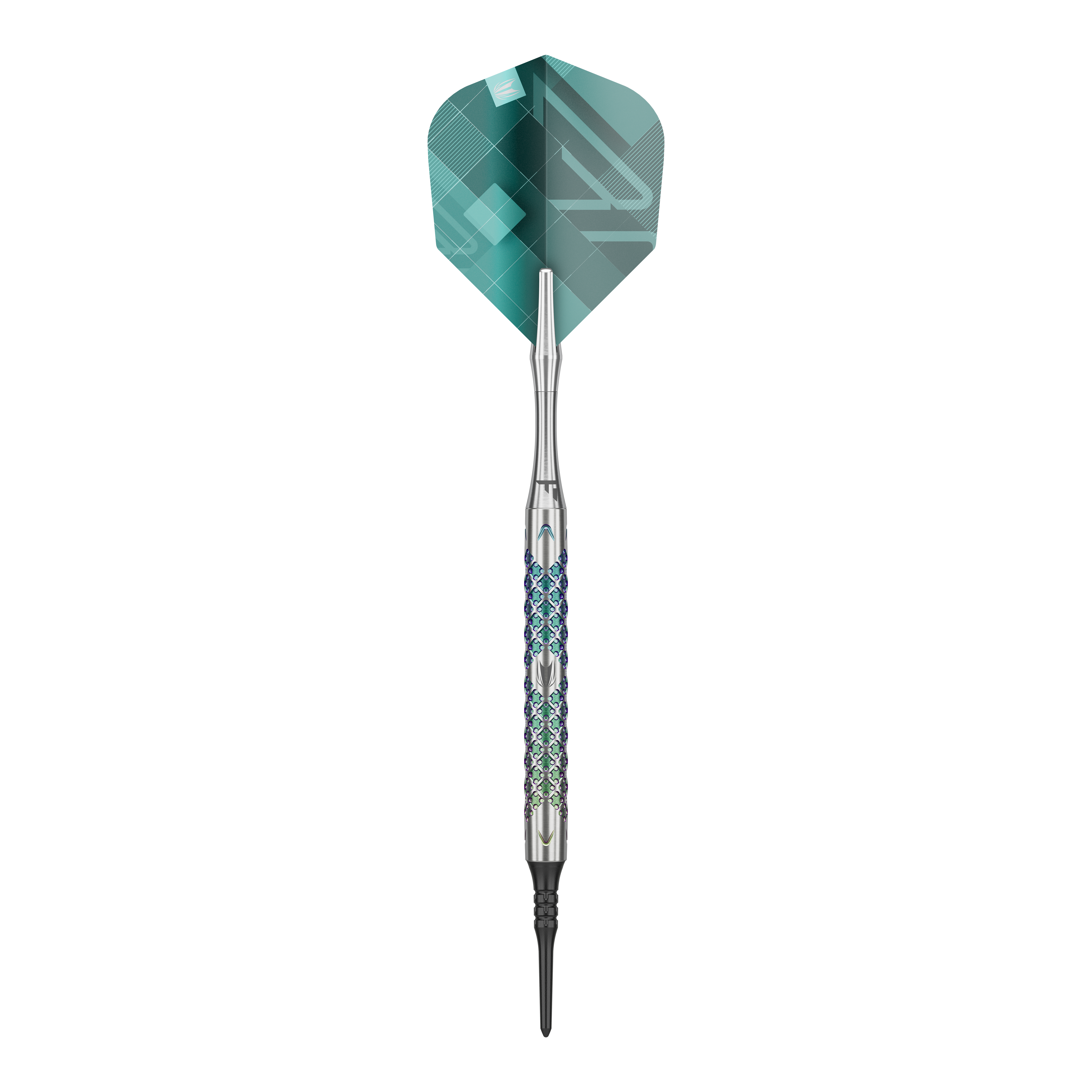Target Rove 10 Soft Darts Das Bild zeigt einen einzelnen Softdart der Marke Target Rove 10. Der Dart hat ein silbernes Griffstück mit farbigen Akzenten und grüne Flights.