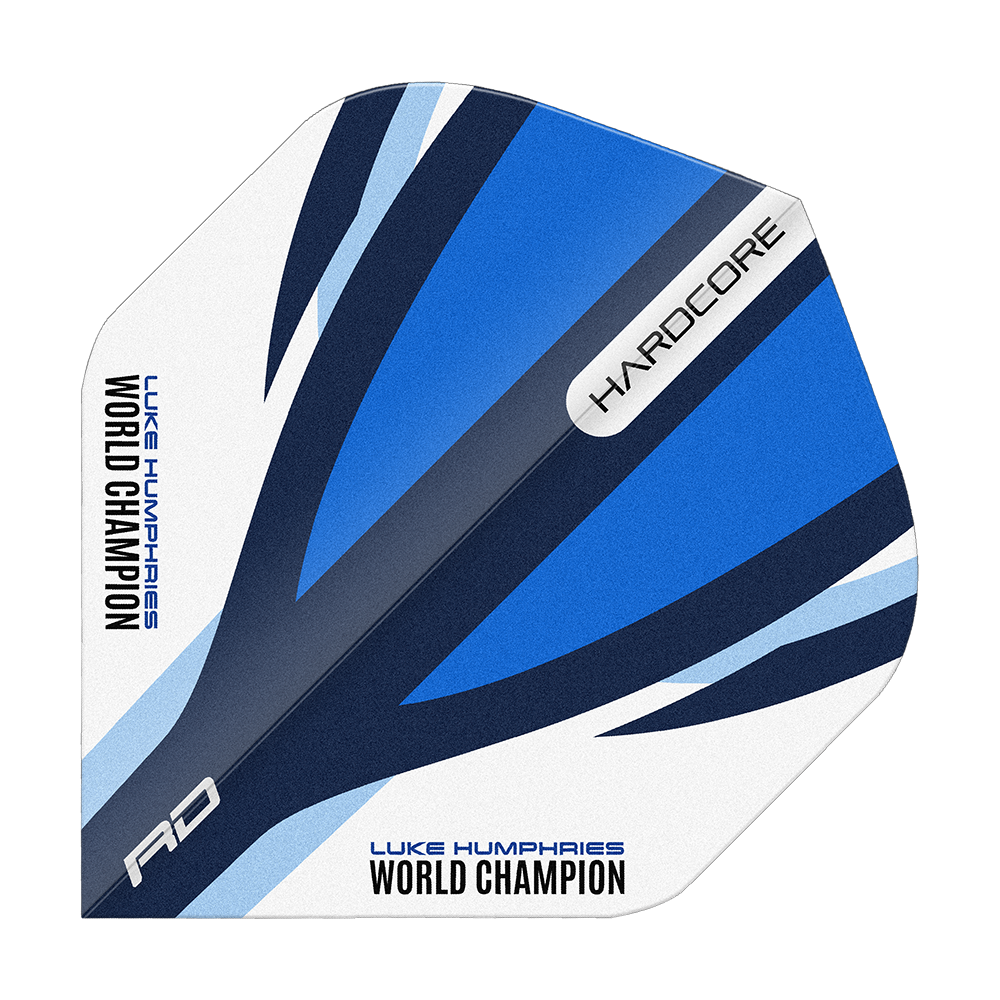 Red Dragon Hardcore Luke Humphries Blue White Standard Flights Das Bild zeigt einen Dart-Flight in den Farben Blau, Weiß und Schwarz mit dem Aufdruck "LUKE HUMPHRIES WORLD CHAMPION". Auf dem Flight stehen außerdem die Wörter "HARDCORE" und "RD".