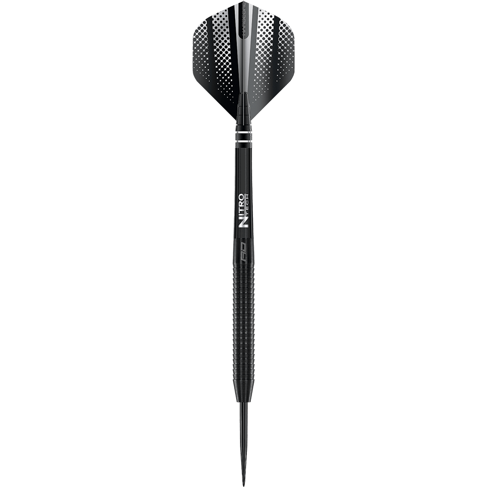 Red Dragon Razor Edge Black steel darts Das Bild zeigt einen schwarzen Steeldart mit dem Namen "Red Dragon Razor Edge". Der Dart hat ein modernes Design mit geriffeltem Griff und schwarzer Spitze.