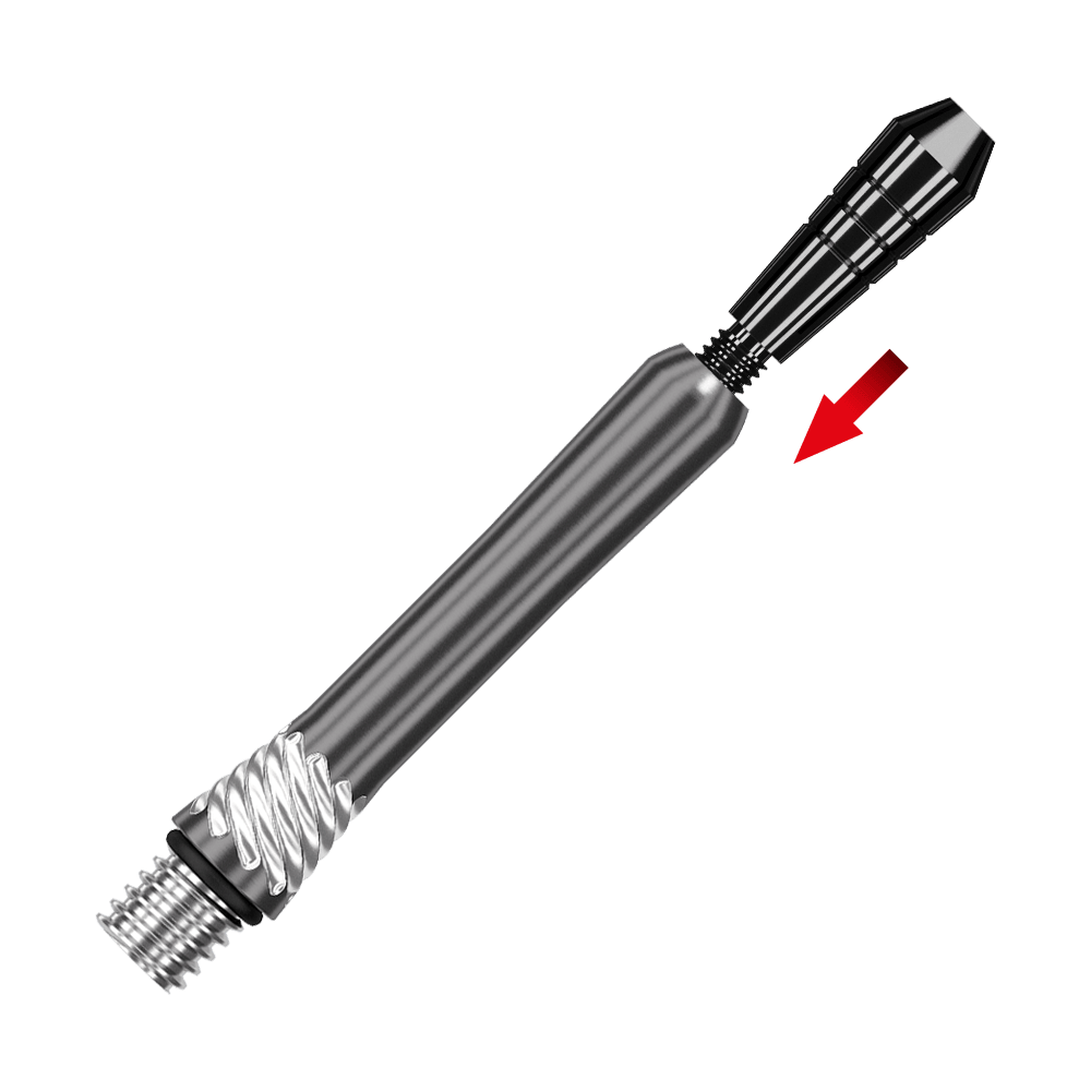 200482_Target_Power_Titanium_Shaft_Ersatztops_Schwarz_2 Auf dem Bild ist ein schwarzer Ersatz-Top für die Target Power Titanium Shafts zu sehen. Ein roter Pfeil zeigt auf das Verbindungsstück des Produkts.