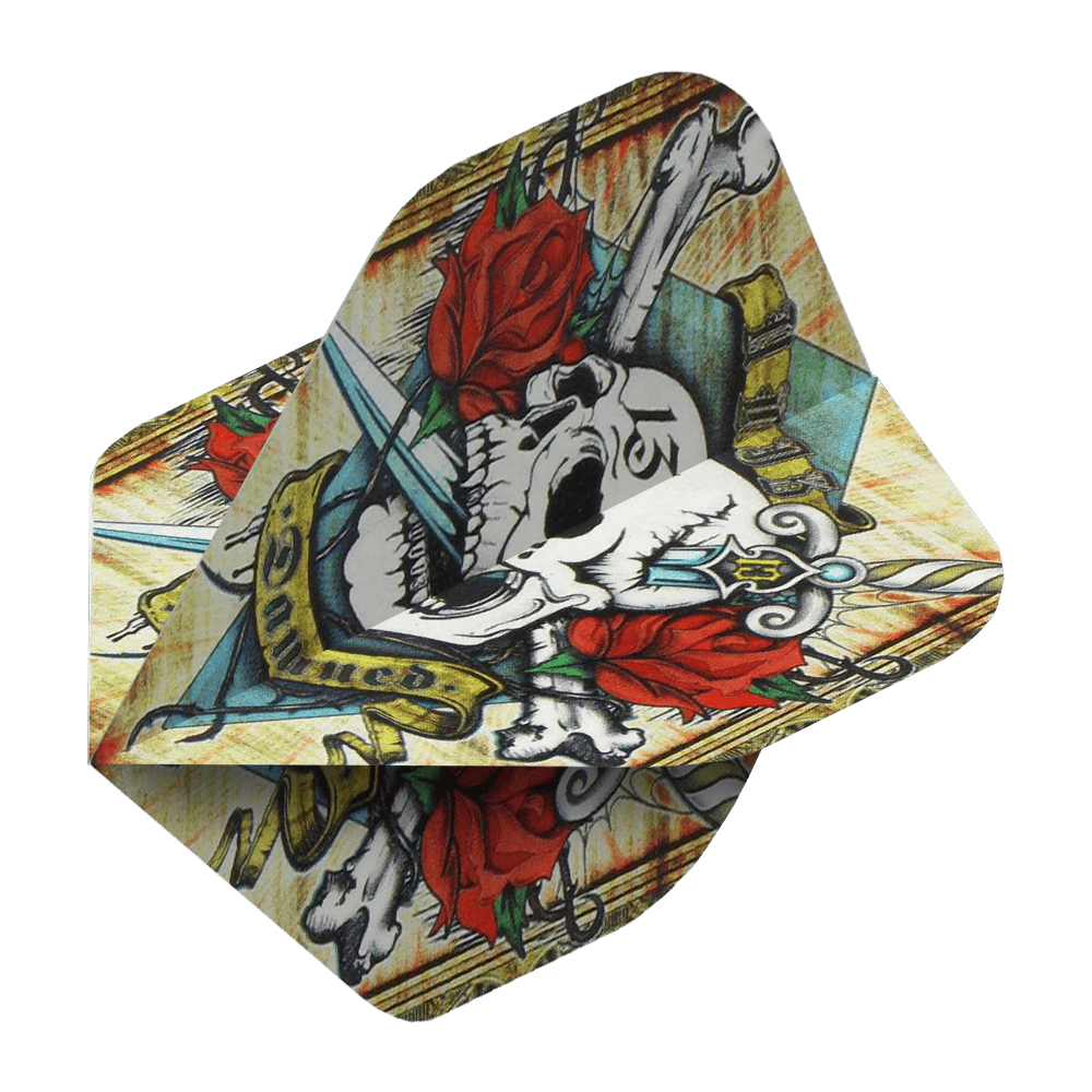 ALC4_Alchemy_Damned_Standard_Flights_2 Das Bild zeigt ein Dart-Flight mit einem Totenkopf, roten Rosen und einem Schwert als Motiv. Auf dem Flight steht das Wort „Damned“ in einem gelben Banner.