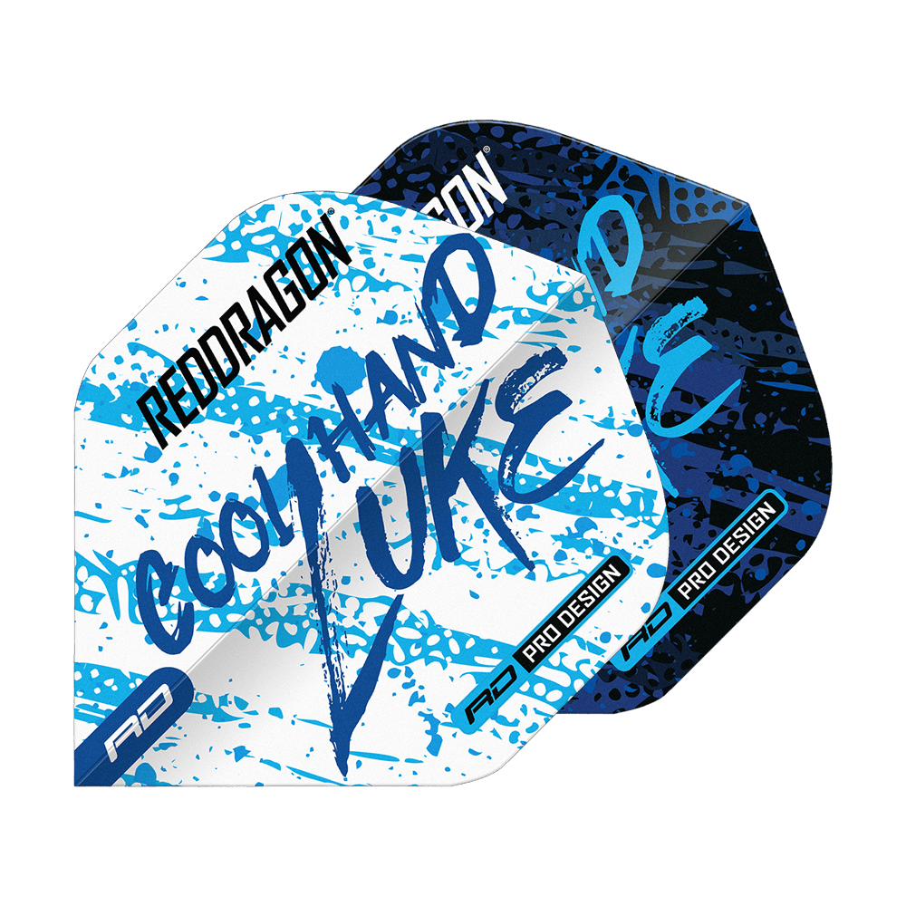 Das Bild zeigt die Red Dragon Luke Humphries World Champion Blue White Yin Yang Standard Flights. Die Flights sind in Blau, Weiß und Schwarz mit auffälligem Schriftzug und Farbspritzern gestaltet.