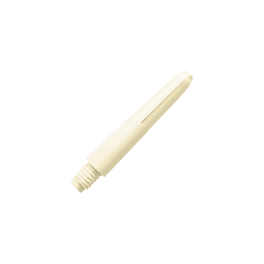 575_Nylon_Shafts_Naturweiss_28mm_2 Das Bild zeigt einen Nylon-Schaft in der Farbe Naturweiß. Der Schaft hat ein schlichtes, glattes Design mit einem Gewinde am unteren Ende.