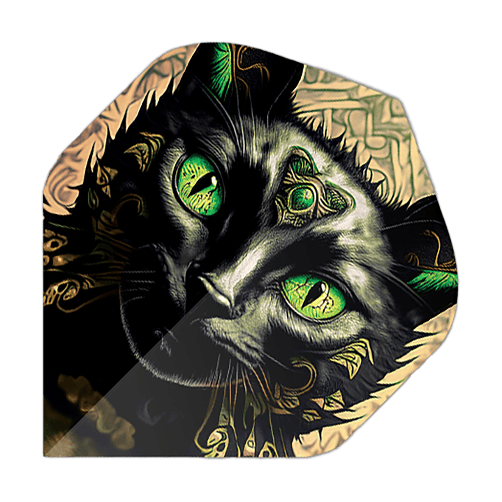 Pentathlon Flights Cat Das Bild zeigt ein Dartflight mit dem Motiv eines schwarzen Katers mit leuchtend grünen Augen. Die Details und Ornamente auf dem Katzenkopf geben dem Flight ein auffälliges, künstlerisches Design.
