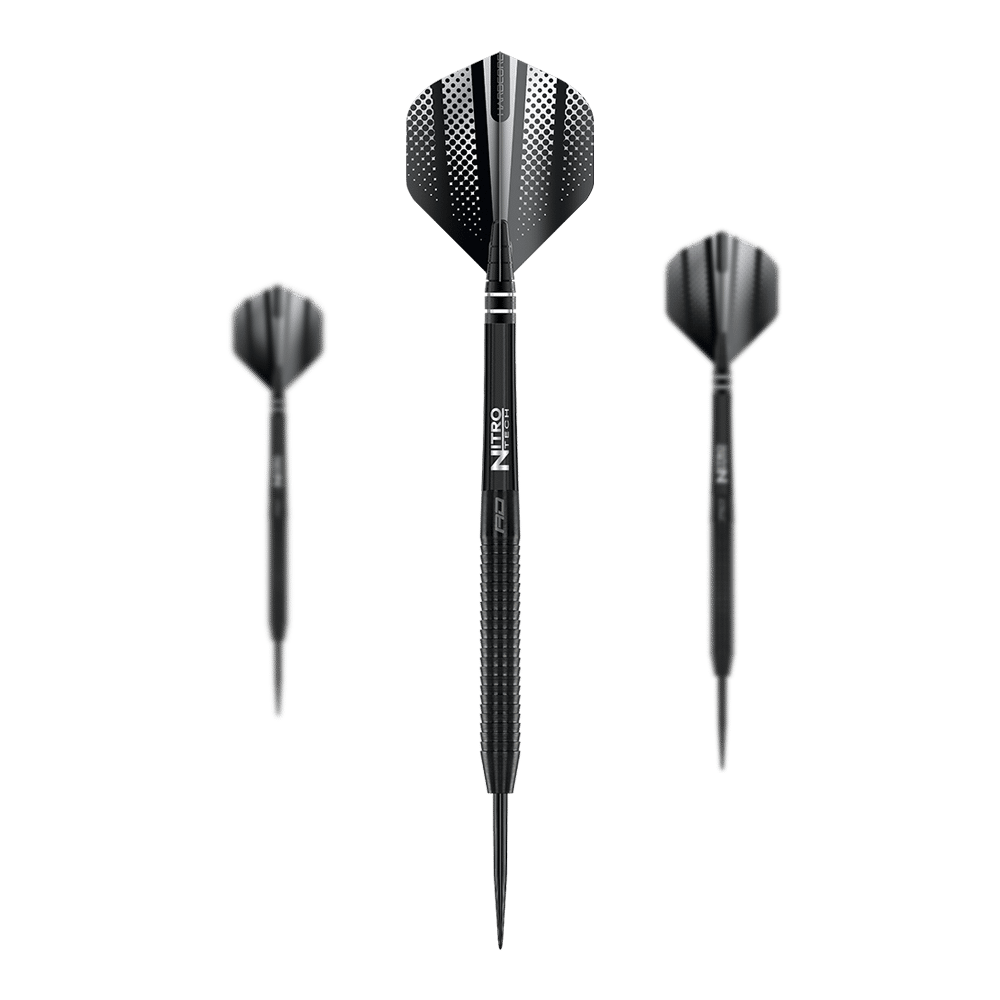 Red Dragon Razor Edge Black steel darts Das Bild zeigt drei Red Dragon Razor Edge Black Steeldarts. Die Darts sind schwarz und haben ein modernes, punktiertes Design auf den Flights.