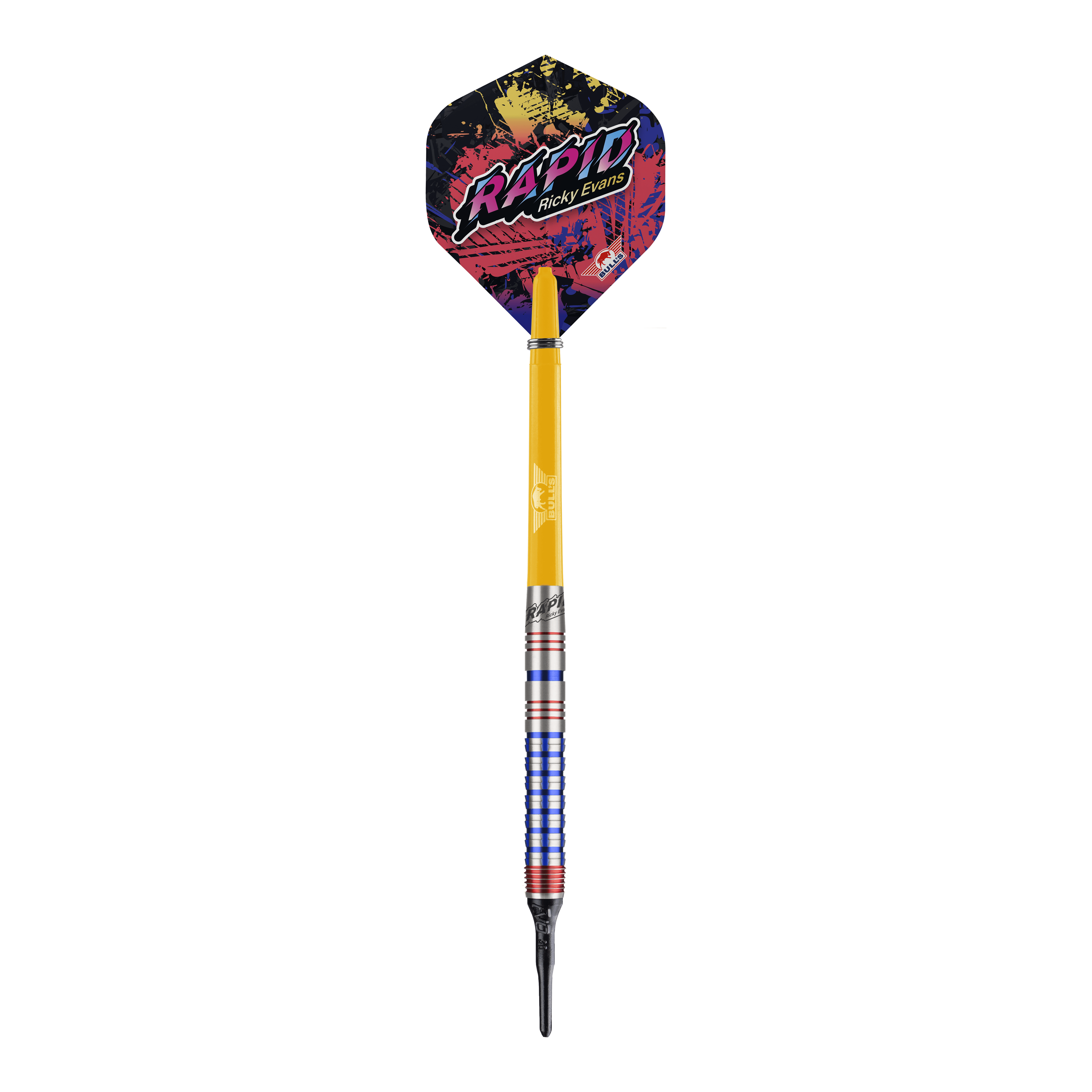Bulls NL Ricky Evans Rapid Edition One Soft Darts - 20g Das Bild zeigt einen Softdart aus der Serie "Bulls NL Ricky Evans Rapid Edition One" mit einem Gewicht von 20 Gramm. Der Dart hat bunte Akzente, einen gelben Schaft und eine auffällige Flights mit dem Schriftzug "RAPID Ricky Evans".