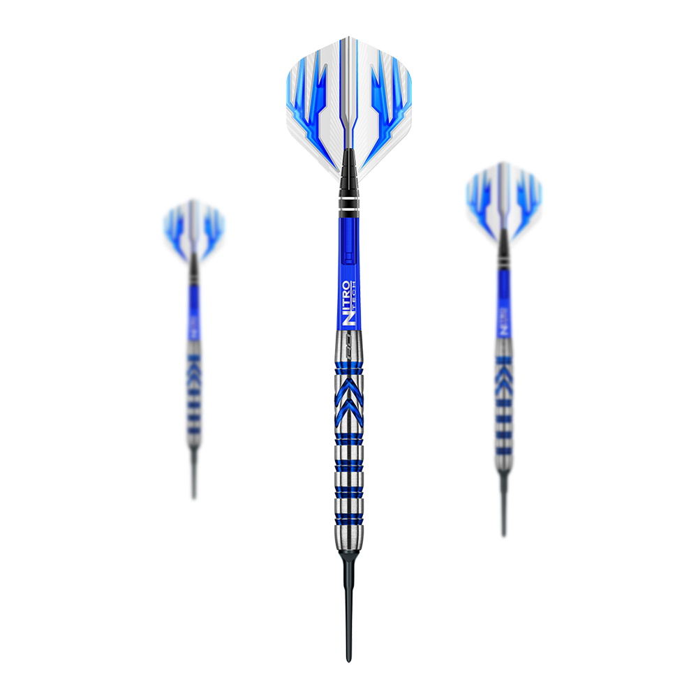 Red Dragon Gerwyn Price Iceman soft darts Auf dem Bild sind drei Softdarts des Modells "Red Dragon Gerwyn Price Iceman" zu sehen. Die Darts haben blaue und silberne Akzente sowie blau-weiße Flights.