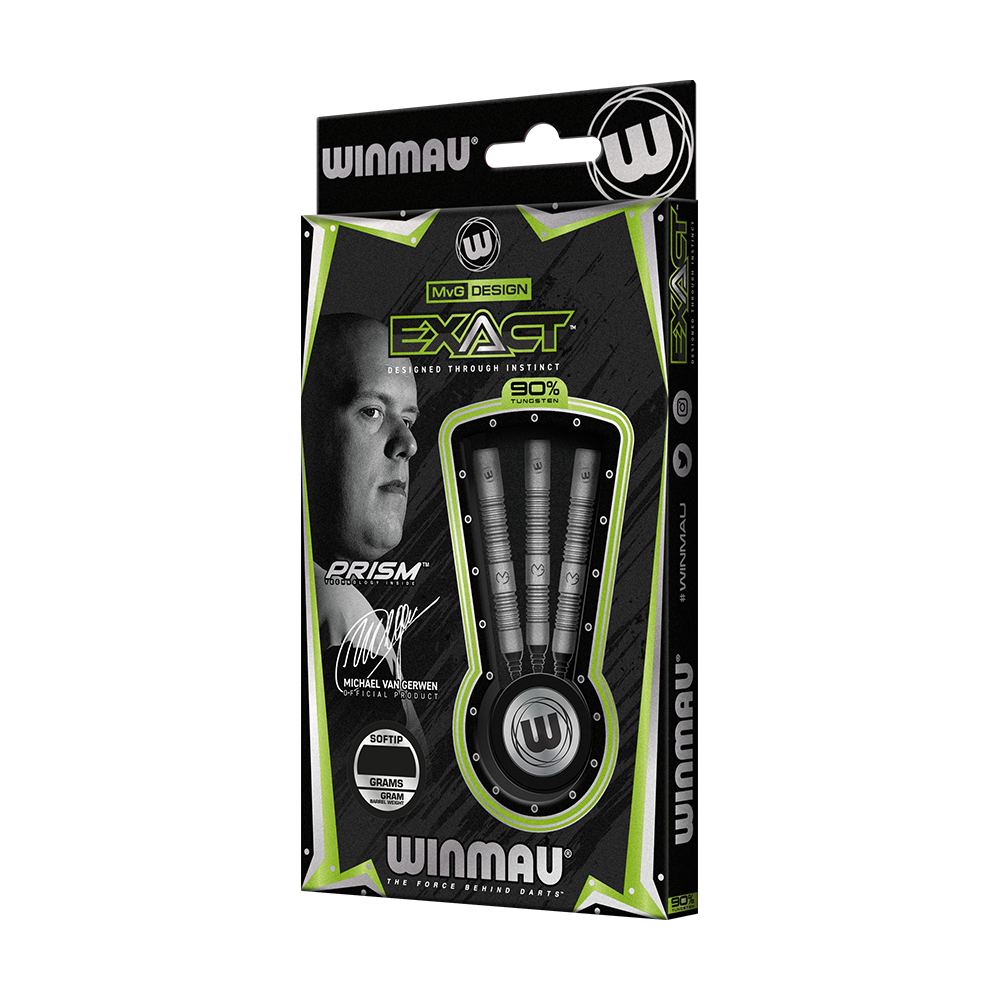 2448_Winmau_Michael_Van_Gerwen_Exact_Softdarts_3 Die Abbildung zeigt die Verpackung der "Winmau Michael Van Gerwen Exact Softdarts". In der Packung sind drei hochwertige Softdarts mit 90% Tungsten-Anteil enthalten.