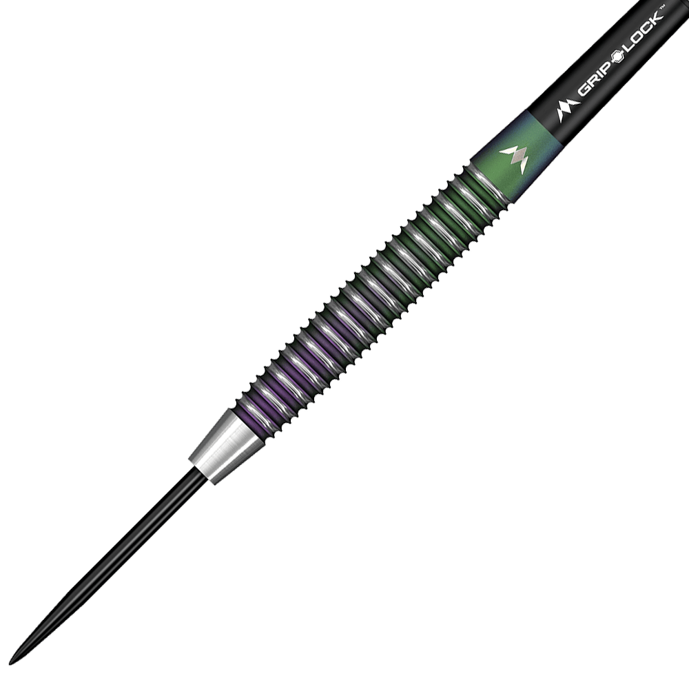 M001074_Mission_Ryan_Joyce_Relentless_Steeldarts_2 Das Bild zeigt einen Mission Ryan Joyce Relentless Steeldart. Der Dartpfeil hat einen geriffelten Griffbereich mit grünen und violetten Akzenten.