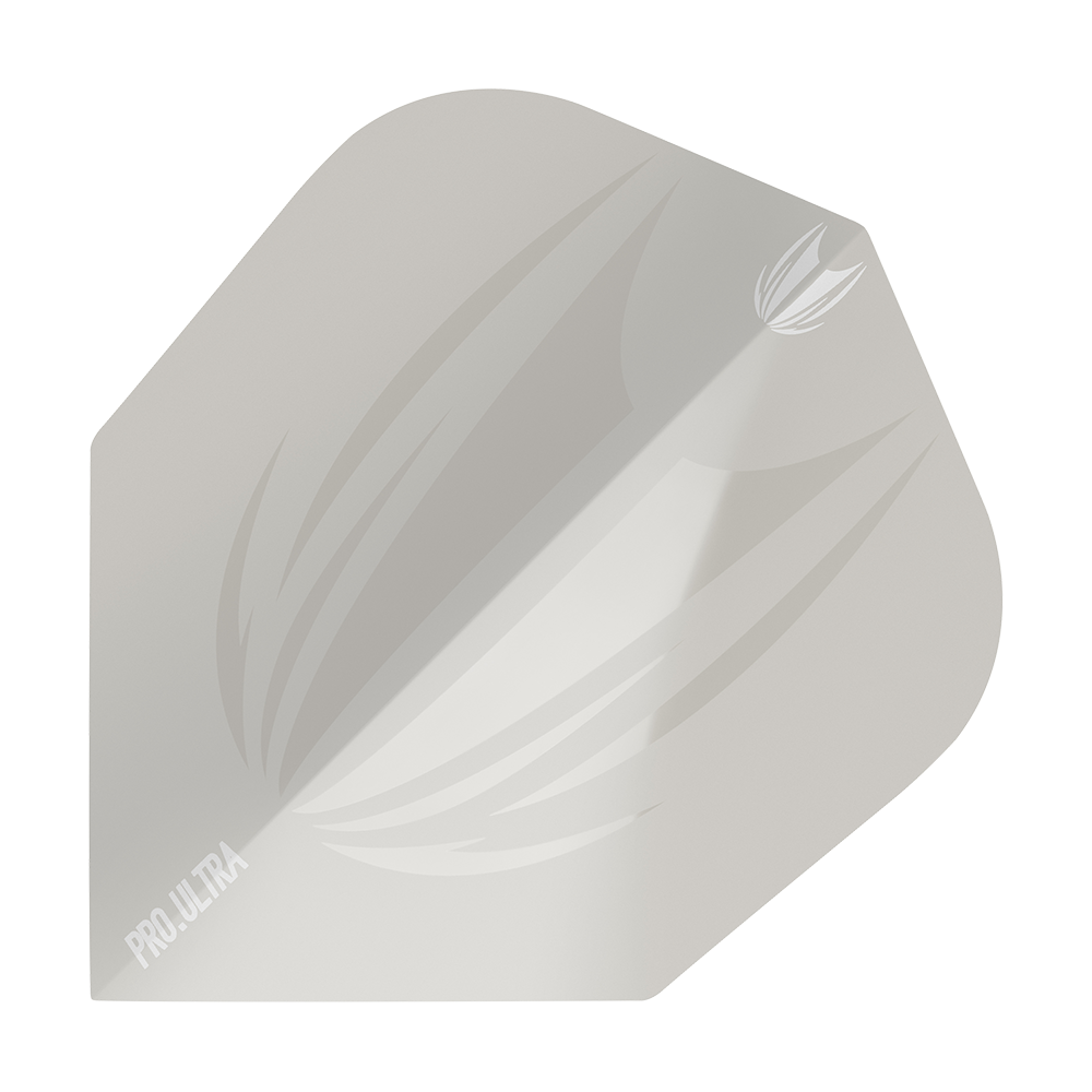 TG415_Target_ProUltra_ID_Grey_No6_Flights_1 Das Bild zeigt einen grauen Dartflug mit einem dezenten, stylischen Muster. In der Ecke steht der Schriftzug „PRO.ULTRA“.