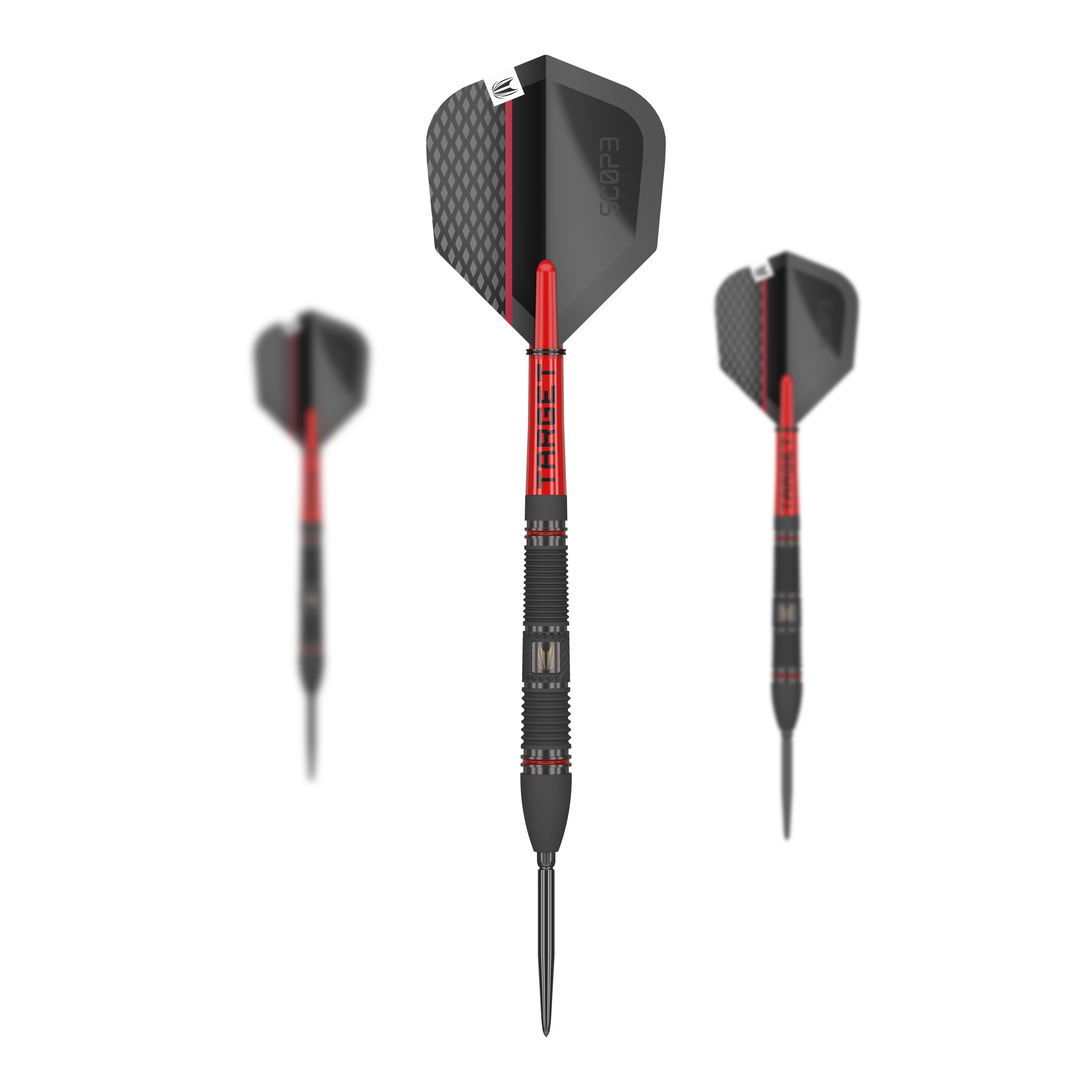 Target Scope 02 Swiss Point steel darts Auf dem Bild sind drei Target Scope 02 Swiss Point Steeldarts zu sehen. Die Darts haben ein modernes Design in Schwarz und Rot mit strukturierten Flights.
