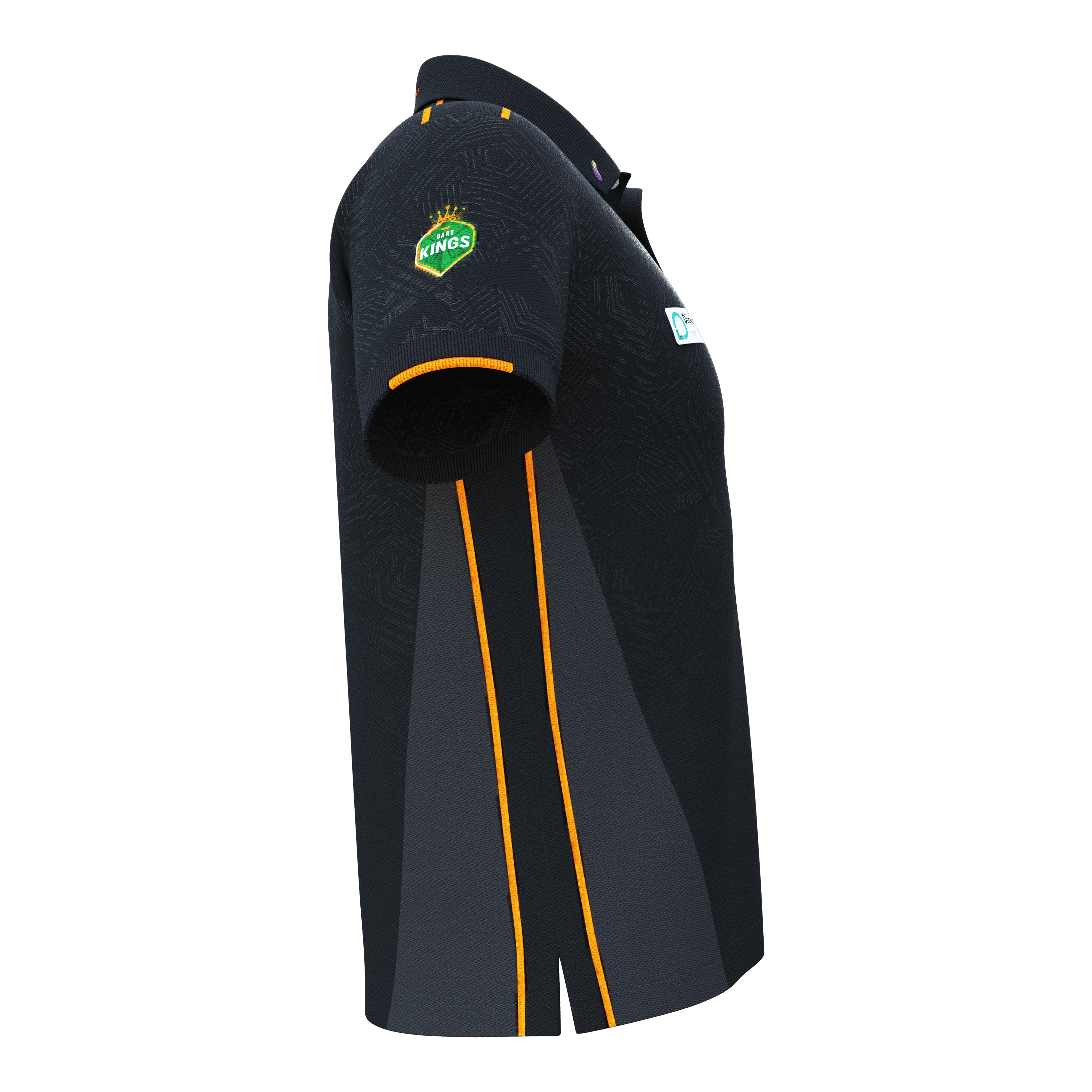 Bulls NL Dirk Van Duijvenbode match shirt 2025 Das Bild zeigt das 'Bulls NL Dirk Van Duijvenbode Matchshirt 2025'. Das Shirt ist überwiegend schwarz mit orangefarbenen Streifen und einem Logo auf dem Ärmel.