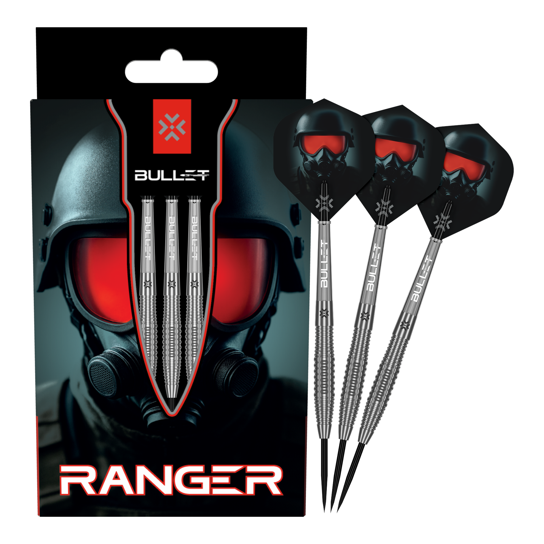 Bullet Ranger steel darts Auf dem Bild ist das vollständige Set der Bullet Ranger Steeldarts zu sehen. Die Steeldarts werden für Präzisionswürfe verwendet.