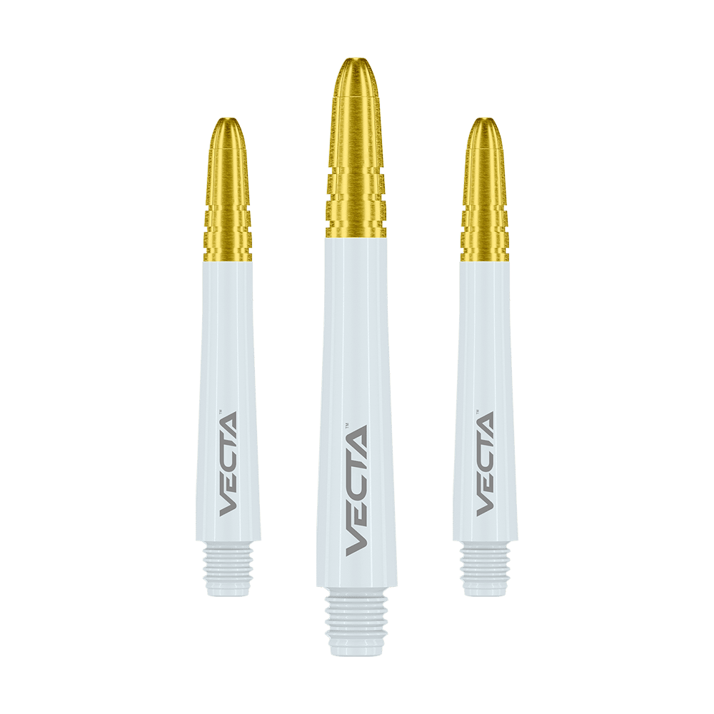 Winmau Vecta Shafts - Weiß Gold Das Bild zeigt drei Dartschäfte mit goldfarbenem Kopf und weißem Körper. Auf jedem Schaft steht das Wort "VECTA" in grauer Schrift.
