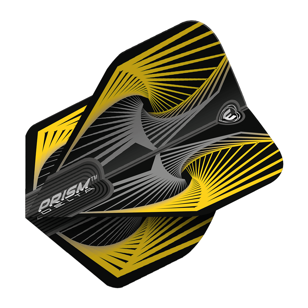 6915-241_Winmau_Prism_Delta_Spiral_YellowGrey_Standard_Flights_2adSQVWYIWUEAF Das Bild zeigt das Produkt "Winmau Prism Delta Spiral YellowGrey Standard Flights". Die Flights sind in Schwarz, Gelb und Grau mit einem modernen Spiralmuster gestaltet.