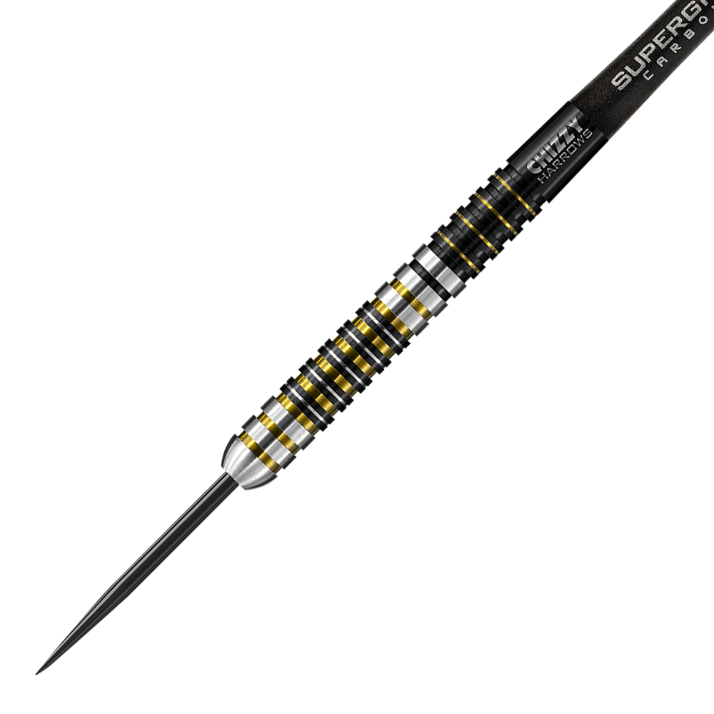 HAXXXXX_Harrows_Chizzy_Steeldarts_2 Auf dem Bild ist ein Harrows Dave Chisnall Chizzy Steeldart zu sehen. Der Dart hat ein silbernes und schwarzes Design mit gelben Akzenten.