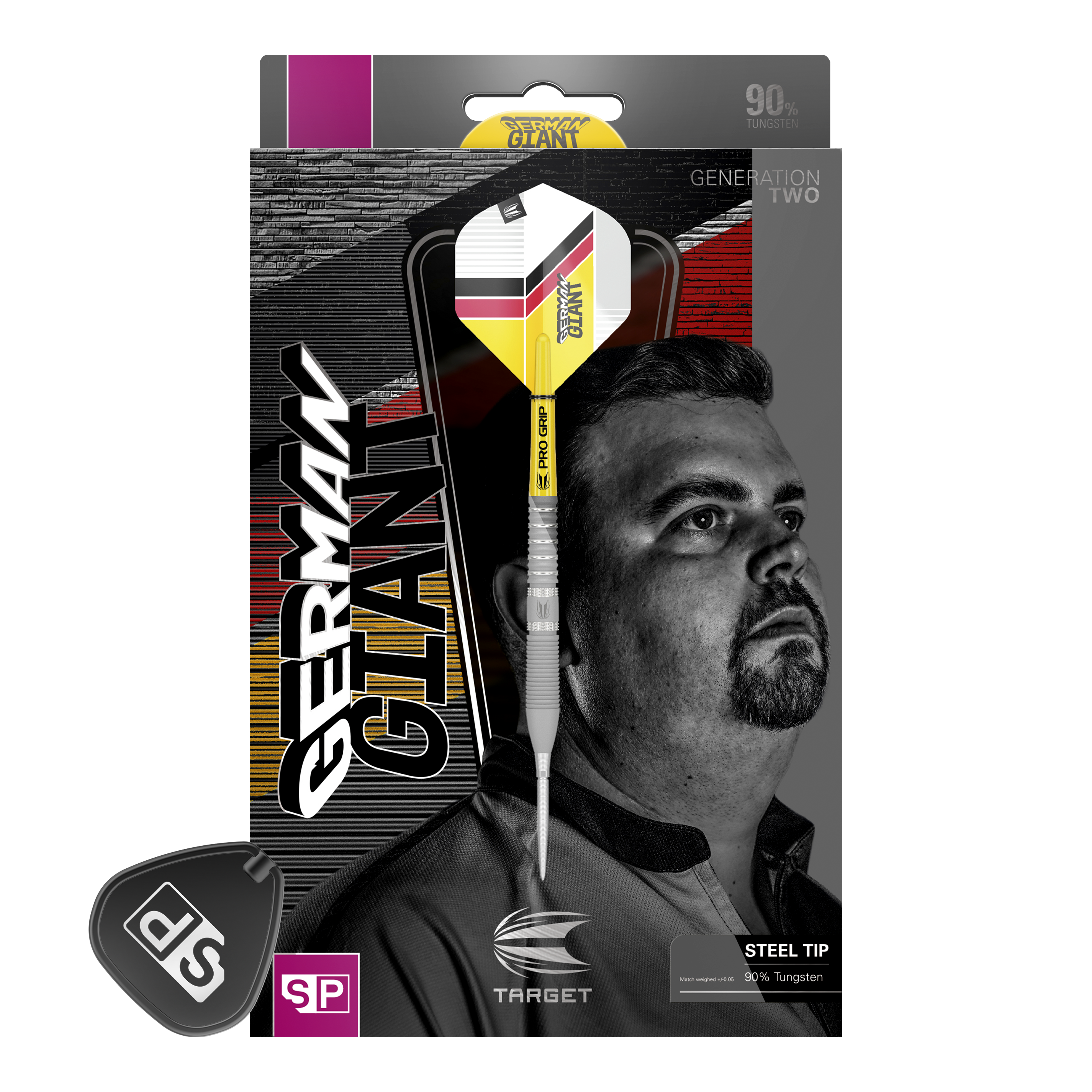 Target Gabriel Clemens GEN2 Swiss Point steel darts Auf der Verpackung ist ein Steeldart mit gelbem, weißem und schwarzem Design abgebildet. Im Hintergrund sieht man das Porträt eines Mannes sowie den Schriftzug „GERMAN GIANT“.