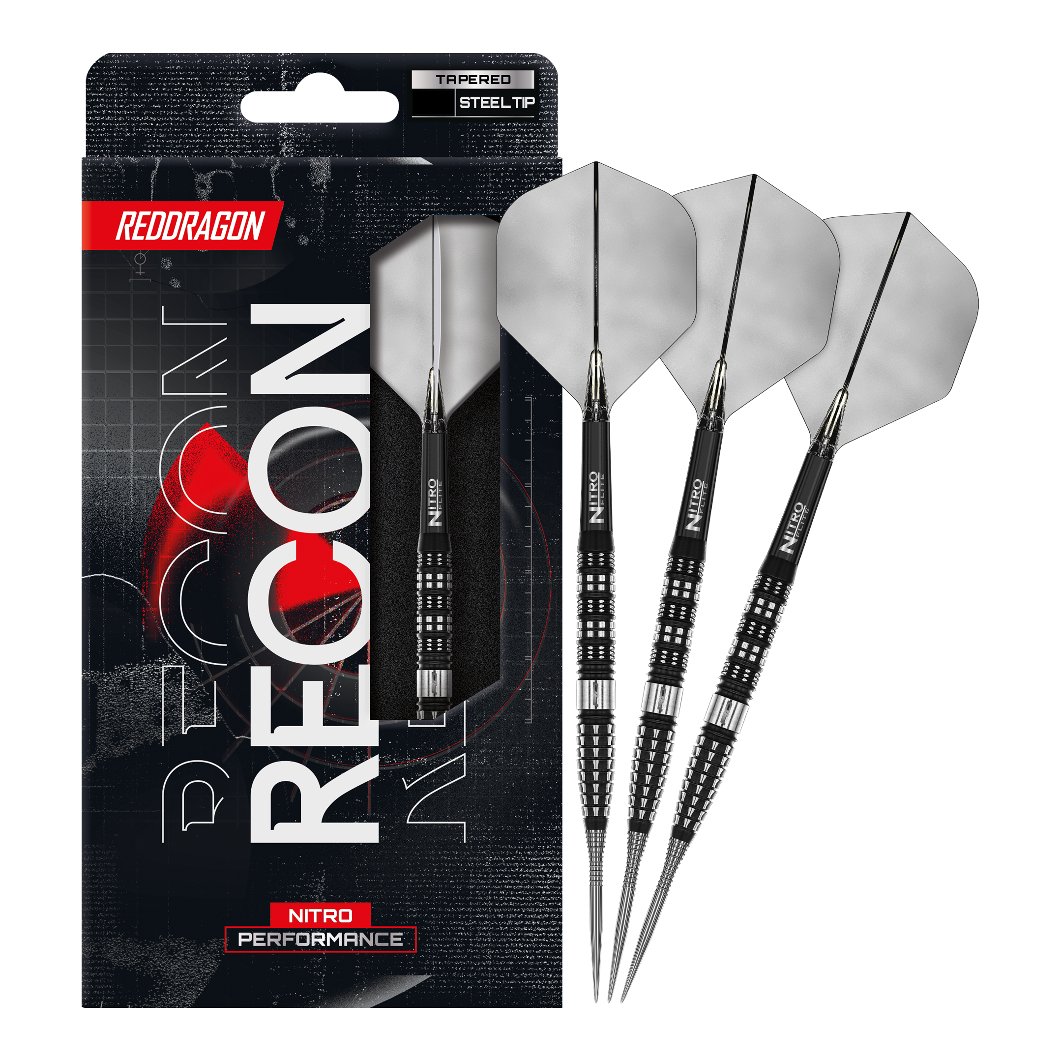 Red Dragon Recon Tapered Steel Darts Red Dragon Recon Tapered Steeldarts. Das vollständige Set der Steeldarts wird auf dem Bild präsentiert.