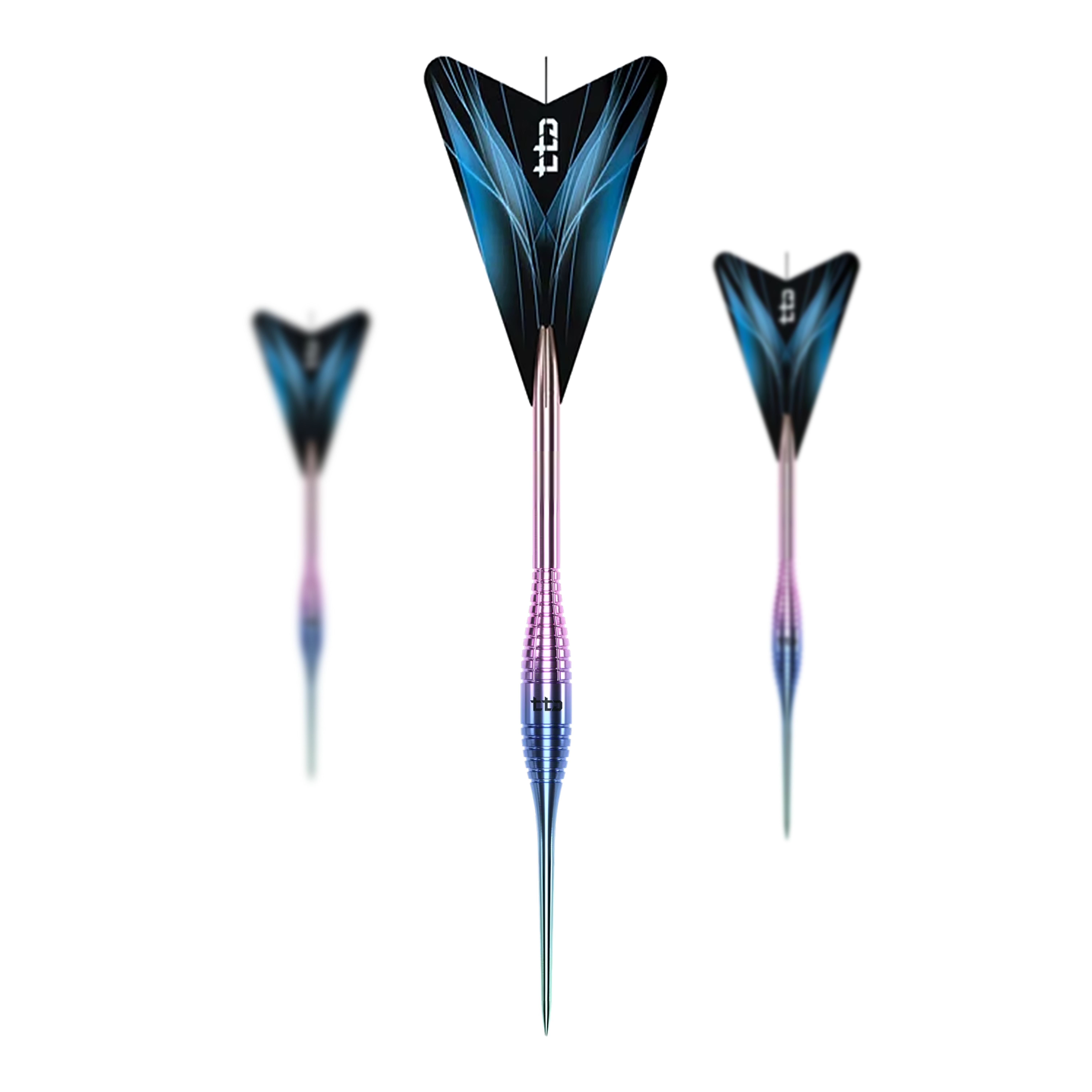 Abgebildet ist ein Set der Caliburn TTD Complete Titanium T2 Rainbow Steeldarts - 6g. Das Set enthält hochwertige Steeldarts in Regenbogenoptik.