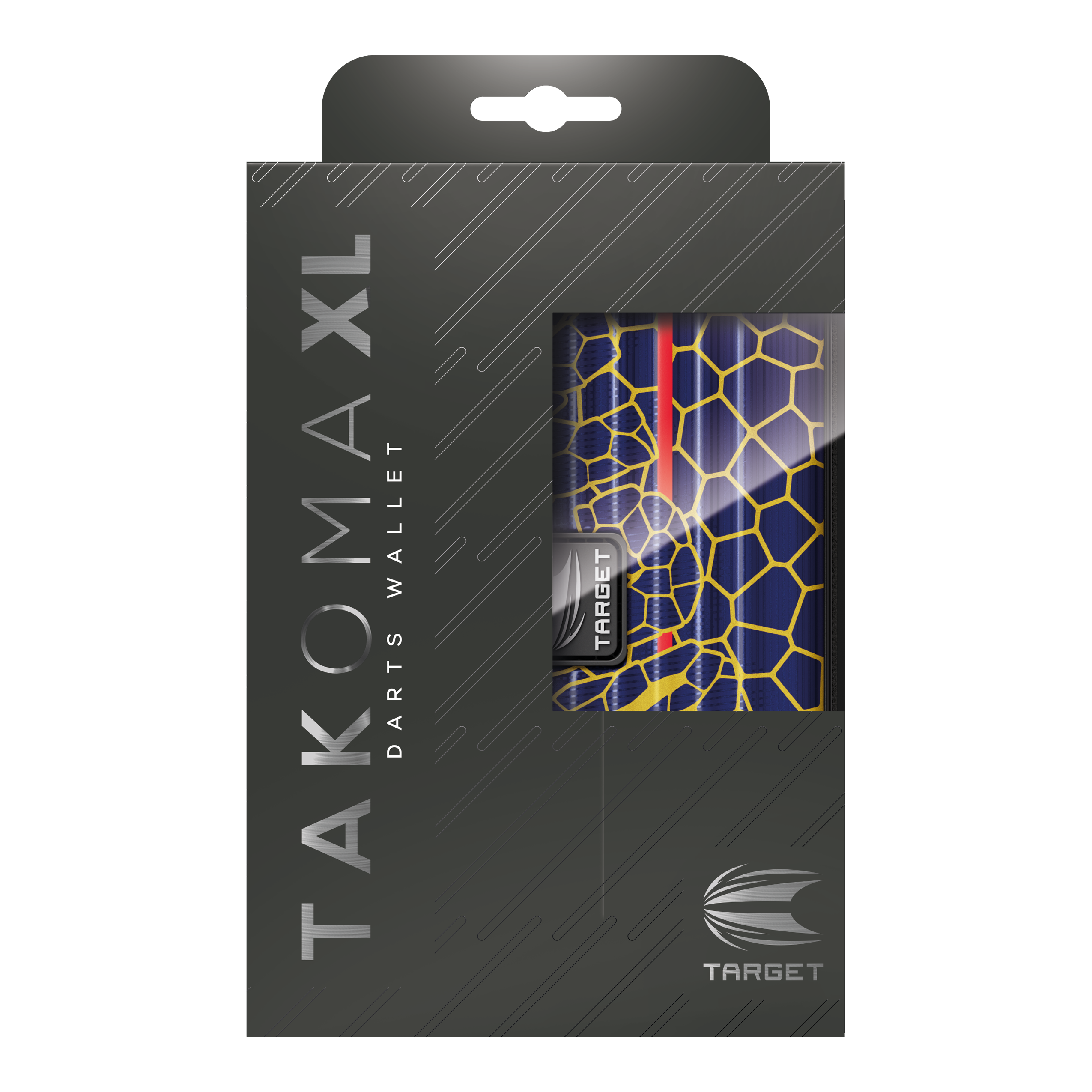 Target Takoma Josh Rock XL dart case Das Bild zeigt die Verpackung des Produkts "Target Takoma Josh Rock XL Dartcase". Das Dartcase ist teilweise durch ein Fenster in der Verpackung sichtbar und hat ein buntes, grafisches Design.