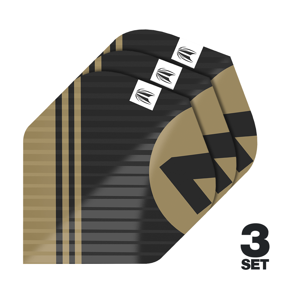 Target Pro Ultra Chicane Black No2 Standard Flights - 3 Sets Das Bild zeigt drei Sätze von Target Pro Ultra Chicane Black No2 Standard Flights. Die Flights sind schwarz-gold gestreift und besitzen ein modernes Design mit einem weißen Logo.