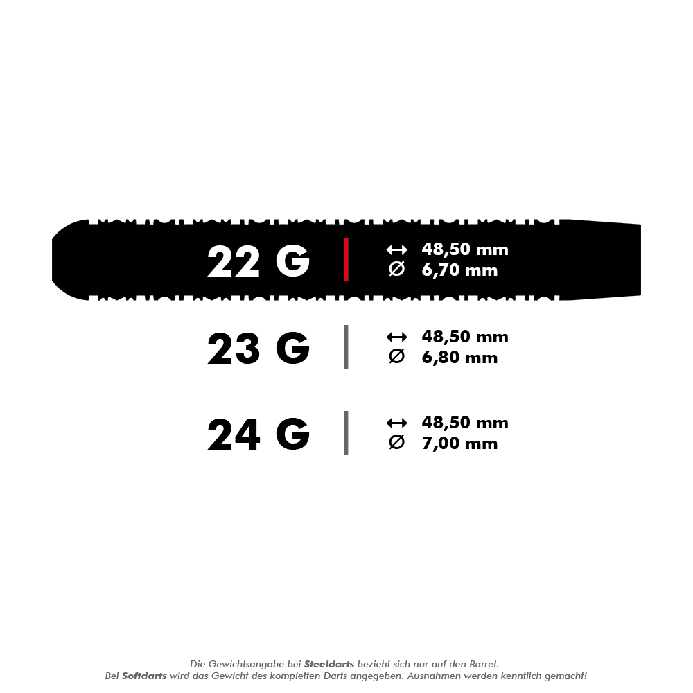 190209_Target_Rob_Cross_Black_Edition_2023_Swiss_Point_Steeldarts_5_22g Das Bild zeigt die technischen Daten eines Steeldarts mit einem Gewicht von 22 Gramm. Die Länge beträgt 48,50 mm und der Durchmesser 6,70 mm.