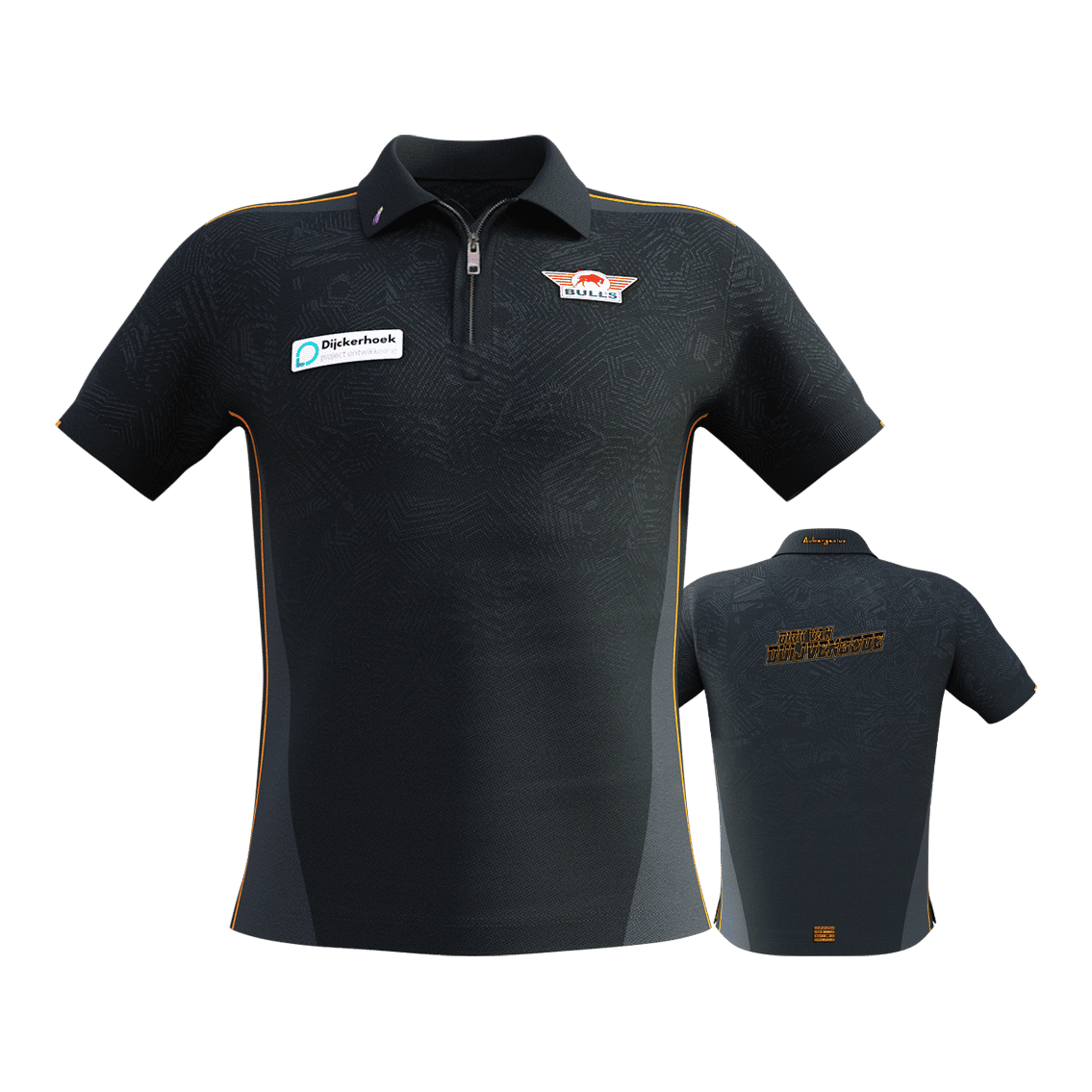 Bulls NL Dirk Van Duijvenbode match shirt 2025 Das Bild zeigt das "Bulls NL Dirk Van Duijvenbode Matchshirt 2025" in dunklem Design mit dezenten Mustern und orangenen Akzenten. Auf der Vorderseite sind Logos und Sponsoren zu sehen, während auf der Rückseite der Name "Dirk van Duijvenbode" steht.