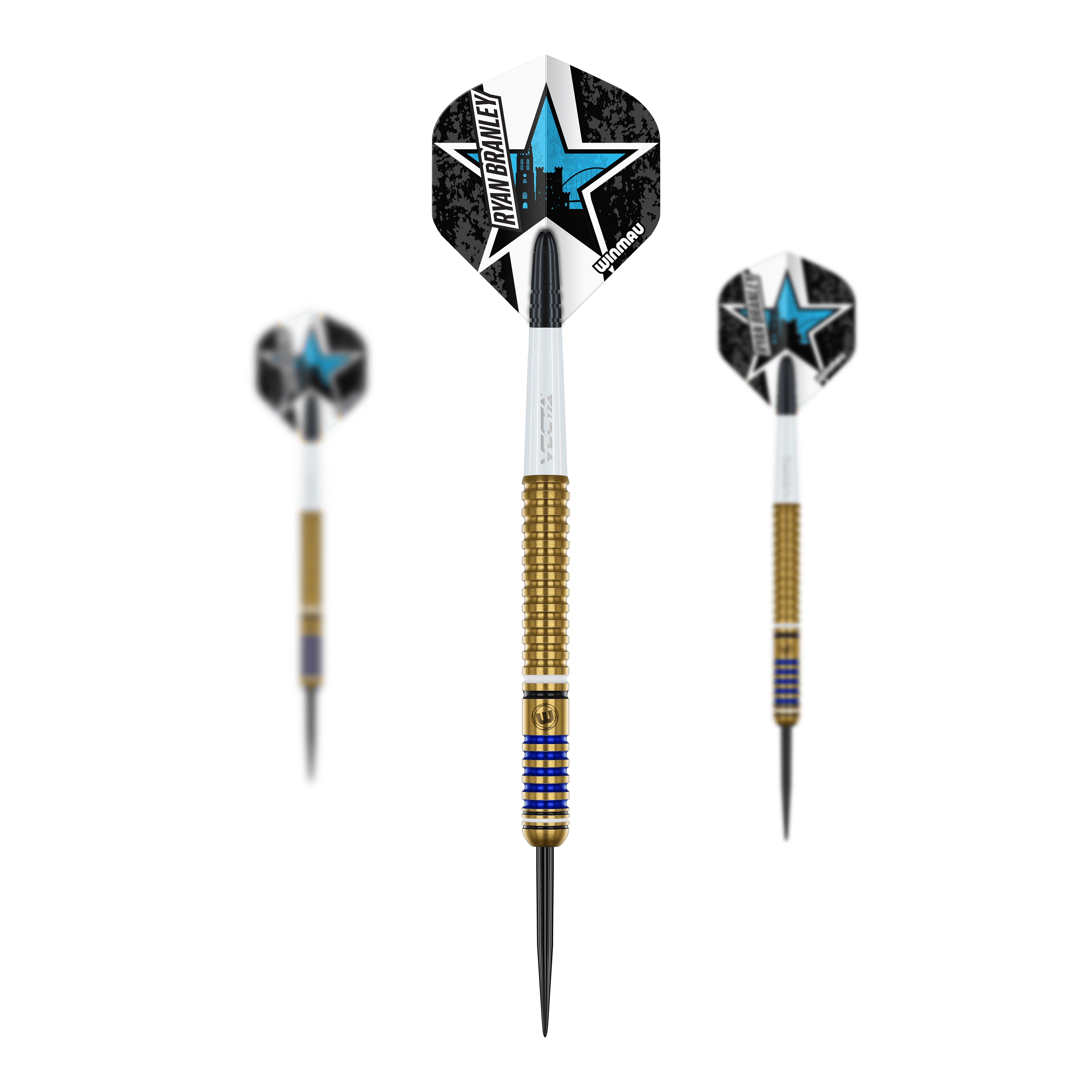 Auf dem Bild sind drei Winmau Ryan Branley Steeldarts mit einem Gewicht von 23g zu sehen. Die Darts haben goldene Griffe und auffällige Flights mit einem blauen Stern-Design.
