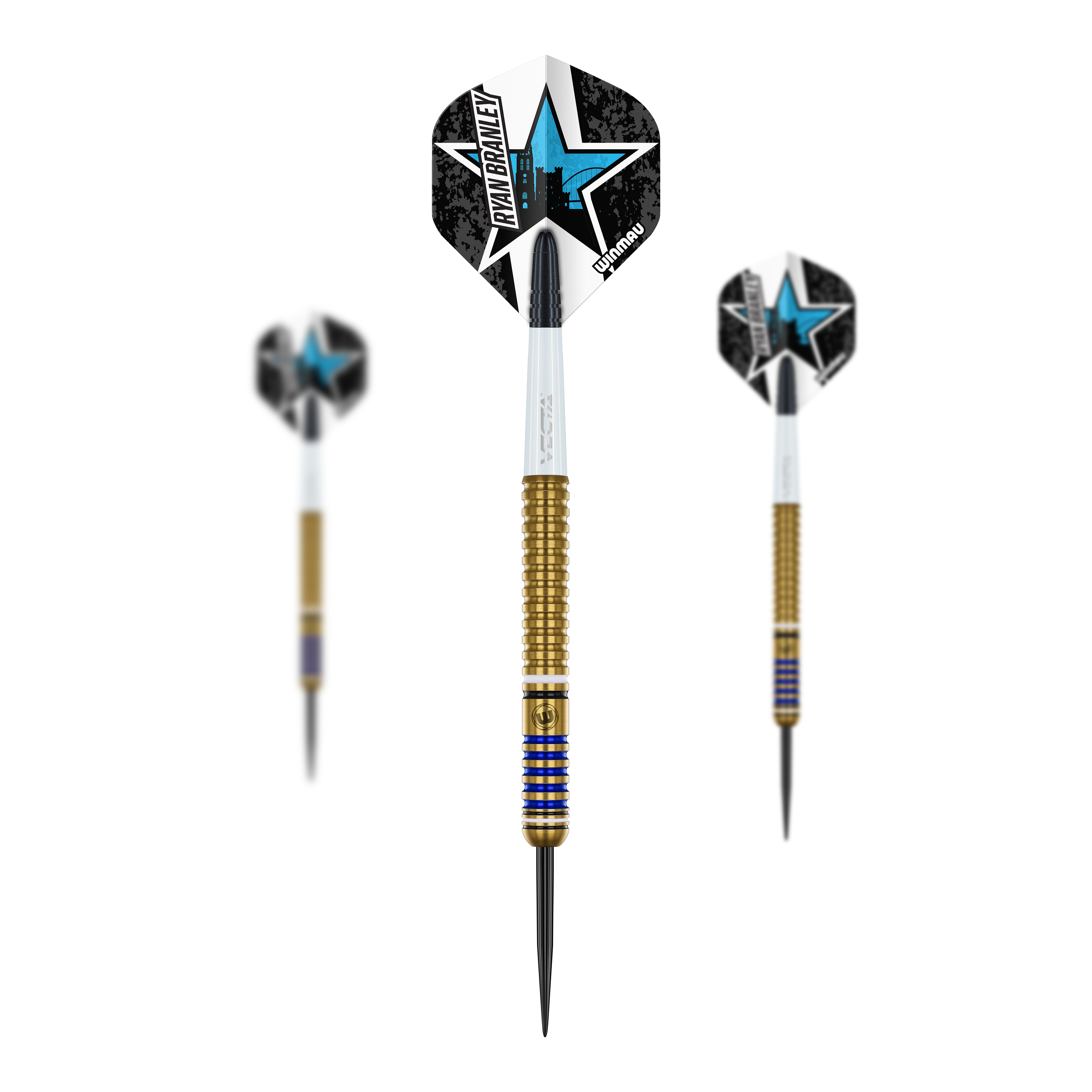 Winmau Ryan Branley Steel Darts - 23g Auf dem Bild sind drei Winmau Ryan Branley Steeldarts mit einem Gewicht von 23g zu sehen. Die Darts haben goldene Griffe und auffällige Flights mit einem blauen Stern-Design.