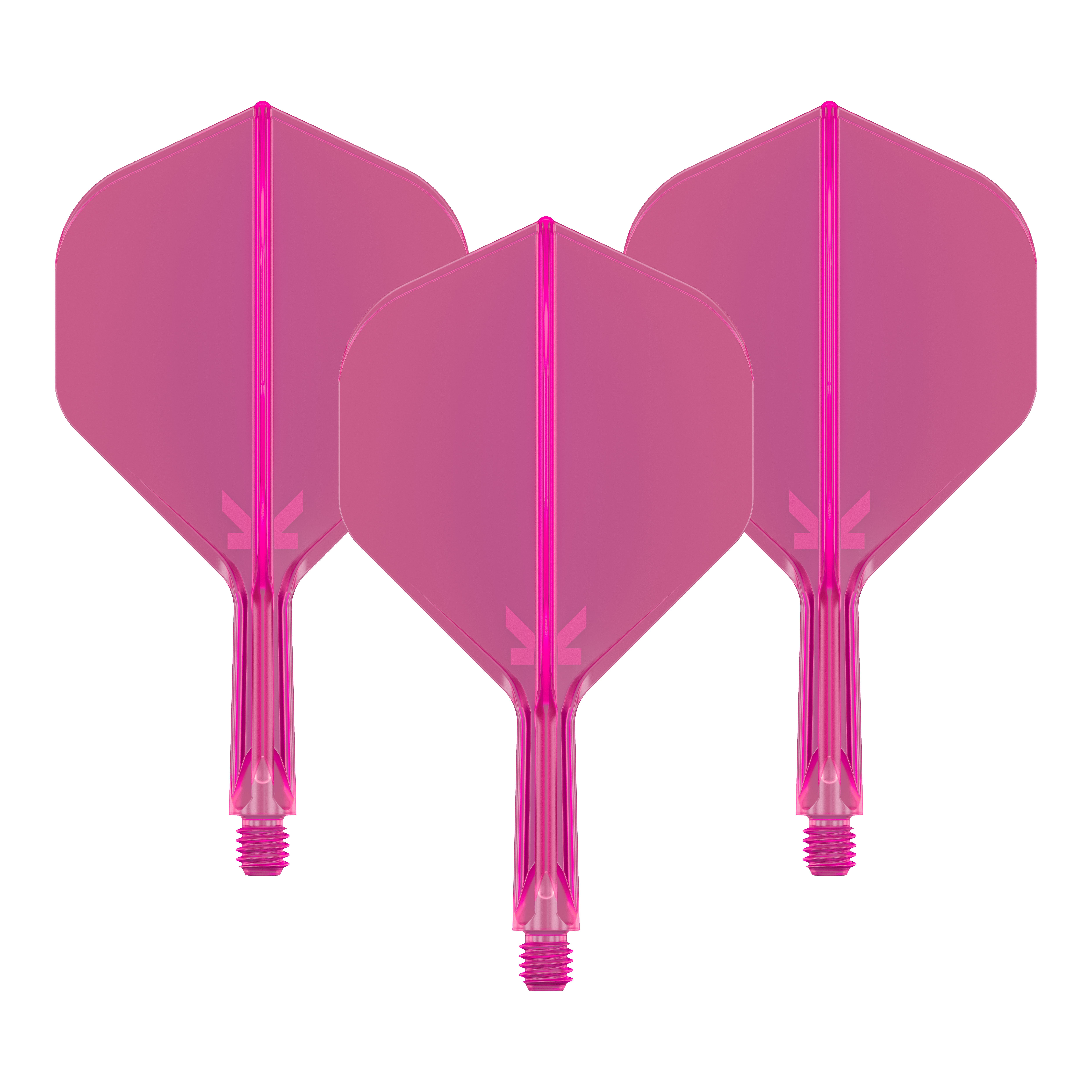 Target K-Flex No2 Standard Flight System - Neon Pink Das Bild zeigt drei pinkfarbene Dart-Flights mit Schäften. Sie sind nebeneinander angeordnet und haben eine neonpinke Farbe.