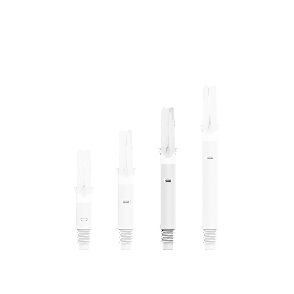 L-L-Style-Shafts Silent Straight - White Auf dem Bild sind vier weiße Dartschäfte in unterschiedlicher Länge zu sehen. Sie sind nebeneinander in einer Reihe angeordnet und besitzen ein Gewinde am unteren Ende.
