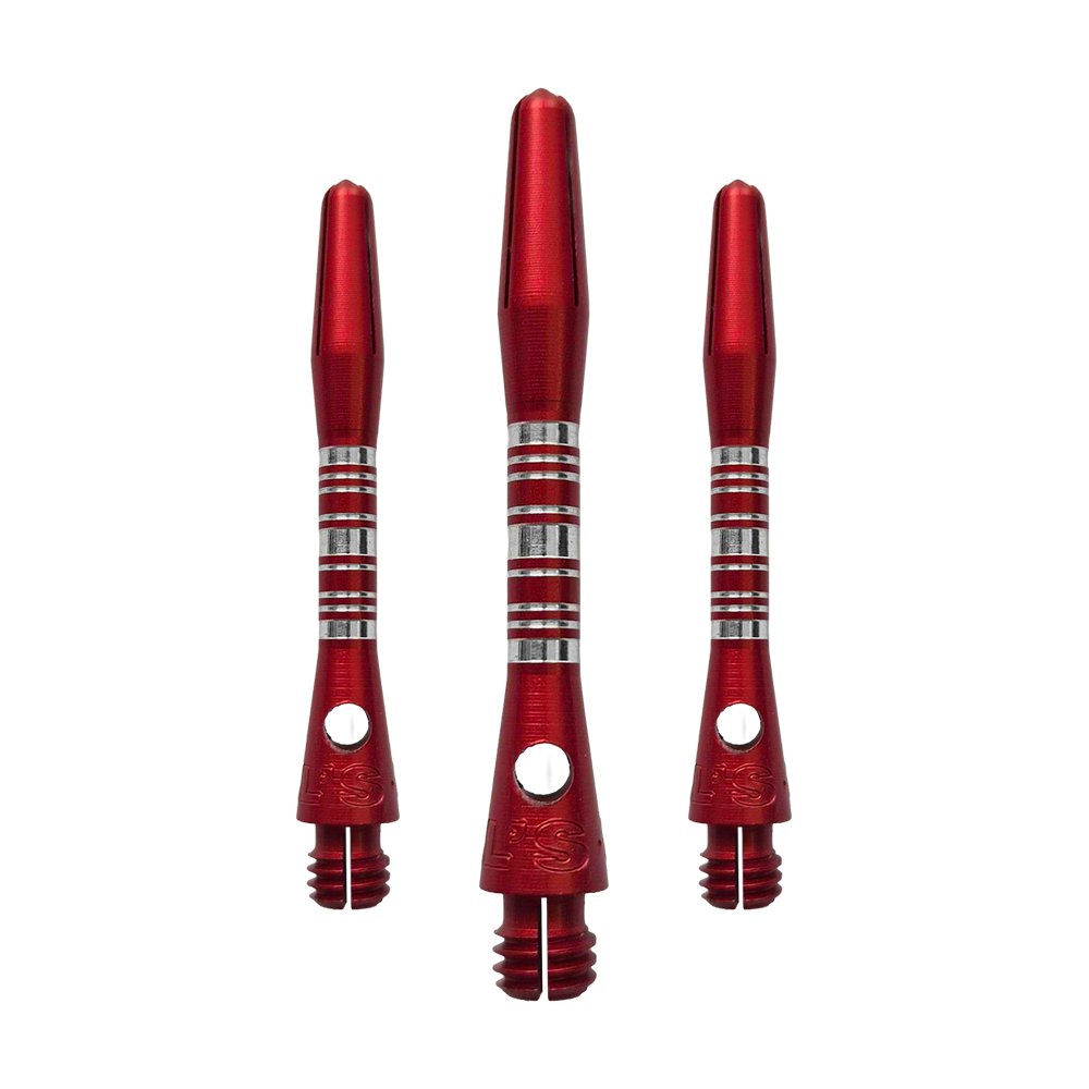 Dieses Bild zeigt die Bulls NL Supra Aluminium Shafts in Rot, 34 mm lang, als Set. Die Schäfte sind robust und ideal für Dartspieler.