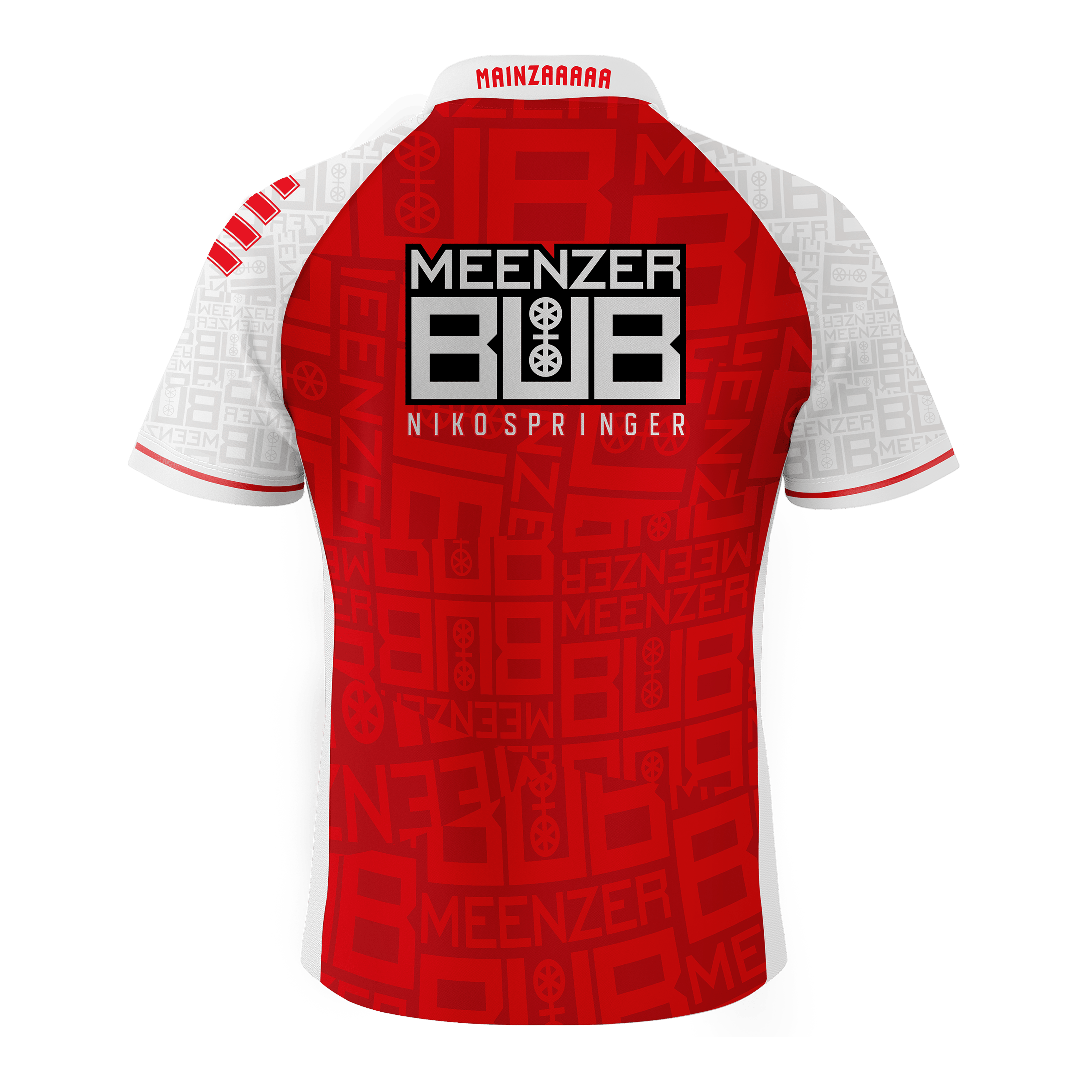 Bulls Niko Springer Meenzer Bub dart shirt Das Bild zeigt ein Dartshirt mit der Aufschrift "Meenzer Bub Nikospringer" auf dem Rücken. Das Shirt ist überwiegend rot mit weißen Ärmeln und auffälligen Mustern.