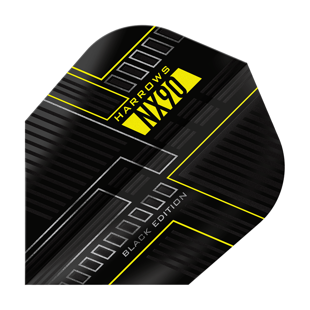 Harrows NX90 Black Edition No6 Flights Dies ist das Harrows NX90 Black-Edition No6 Flight. Das Design ist überwiegend schwarz mit gelben und silbernen Akzenten.