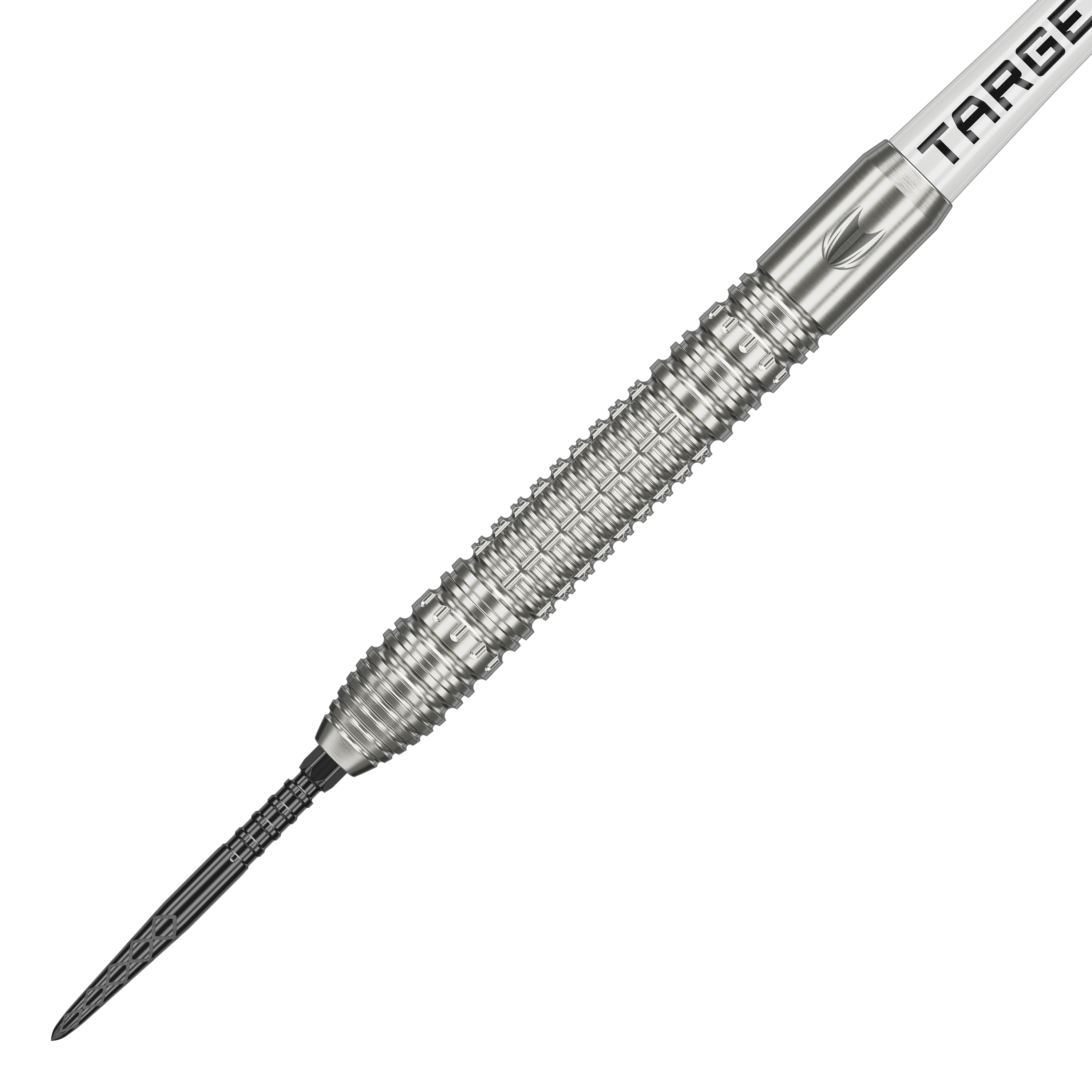 Target Shane McGuirk GEN1 Swiss Point Steel Darts - 23g Das Bild zeigt einen Target Shane McGuirk GEN1 Swiss Point Steeldart mit einem Gewicht von 23 Gramm. Der Dartpfeil besteht aus silbernem Metall und hat eine strukturierte Griffzone für besseren Halt.