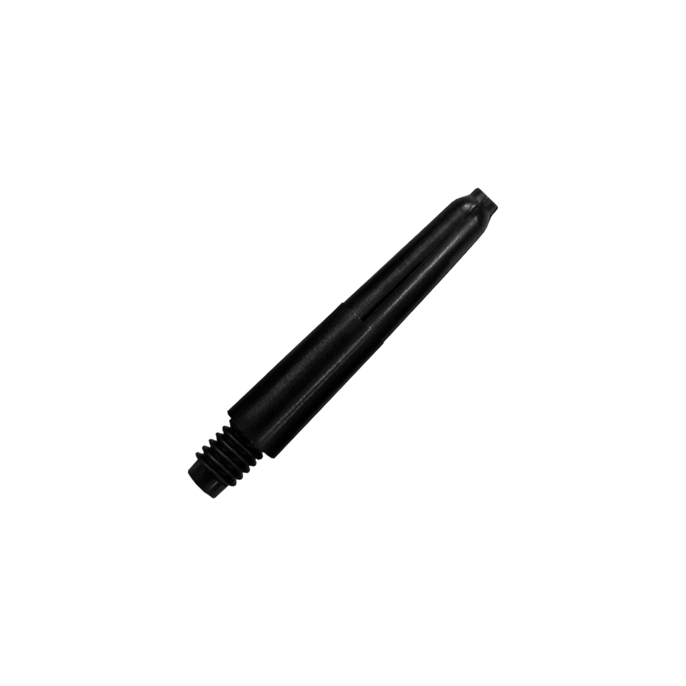 565_Nylon_Shafts_mit_Wunschdruck_Schwarz_28mm_2 Das Bild zeigt einen schwarzen Nylon-Schaft. Er ist speziell geformt und hat ein Gewinde am unteren Ende.