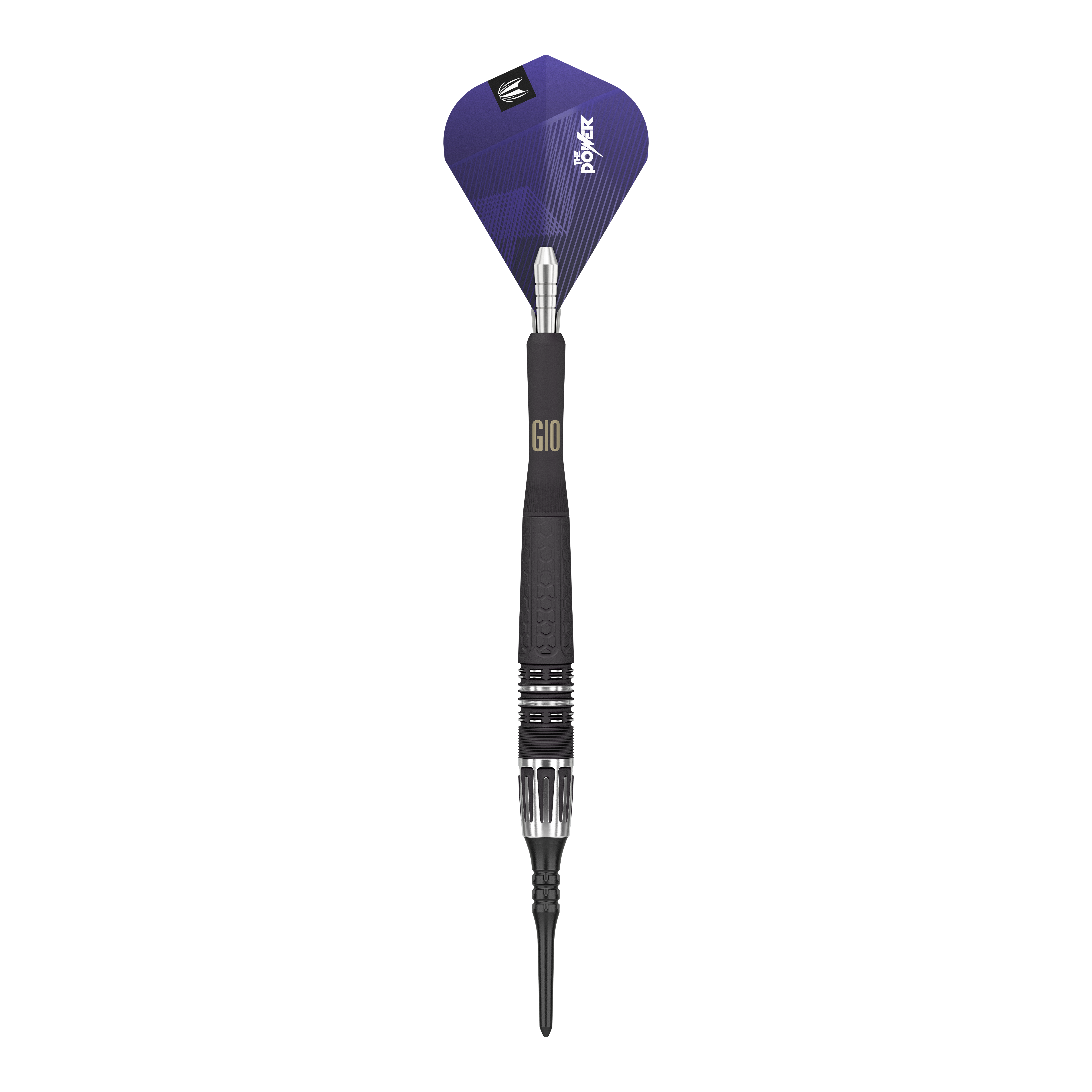 Target Phil Taylor Power 9Five GEN10 soft darts Das Bild zeigt einen modernen Softdartpfeil mit einem schwarzen und silbernen Schaft. Die Dartflügel sind lila und tragen die Aufschrift "Power".