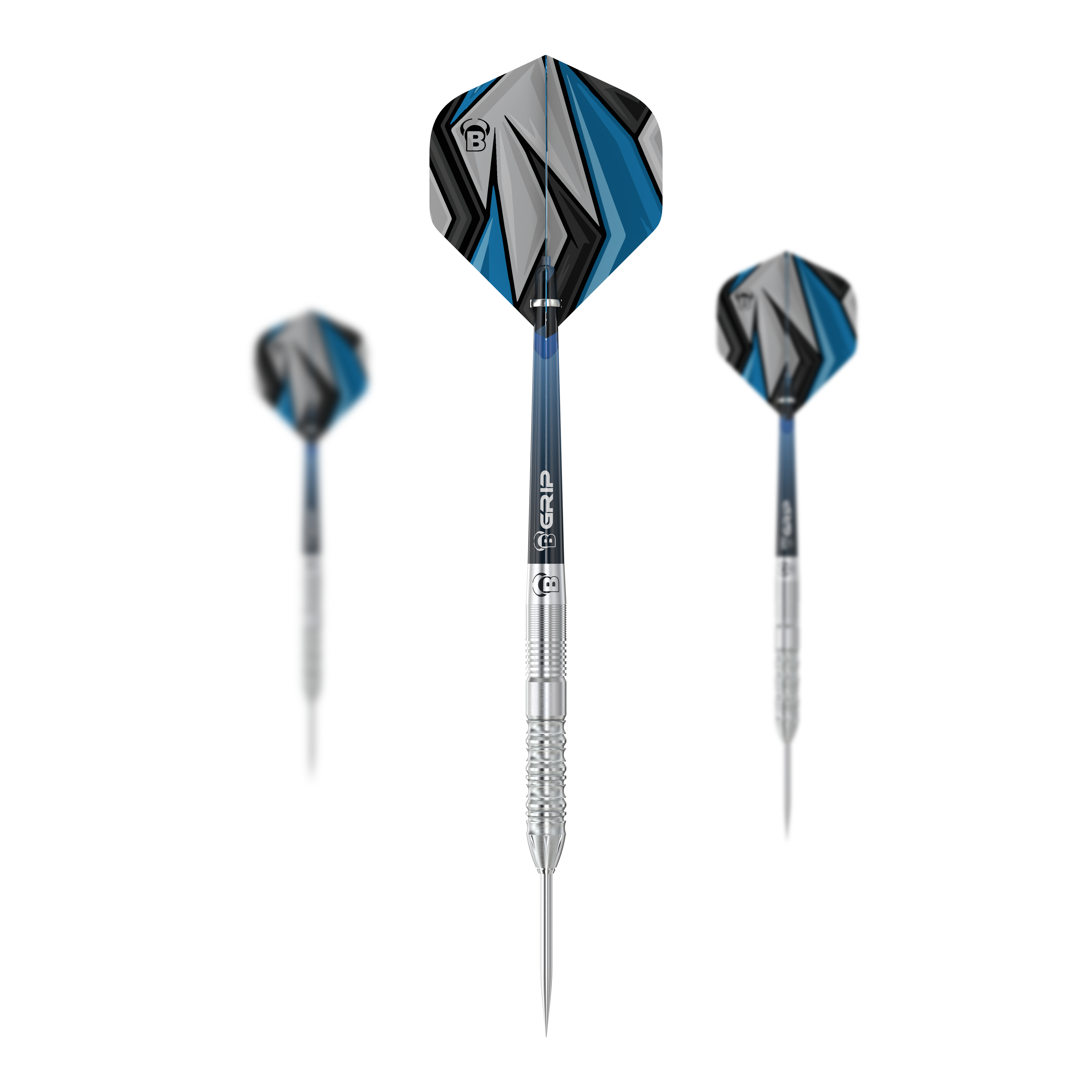 Bulls Stone S2 Steeldarts Auf dem Bild sind drei Bulls Stone S2 Steeldarts zu sehen. Die Darts haben silberne Spitzen und blaue, schwarze sowie graue Flights mit geometrischem Muster.