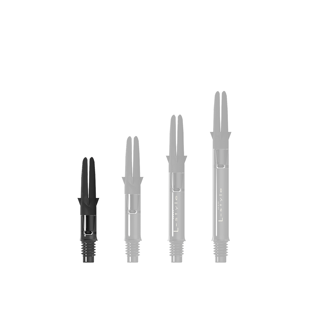 Dieses Bild zeigt ein schwarzes, gerades Dartshaft ohne Kappen. Das Produkt ist als L-Style L-Shaft Carbon Silent Straight bekannt.