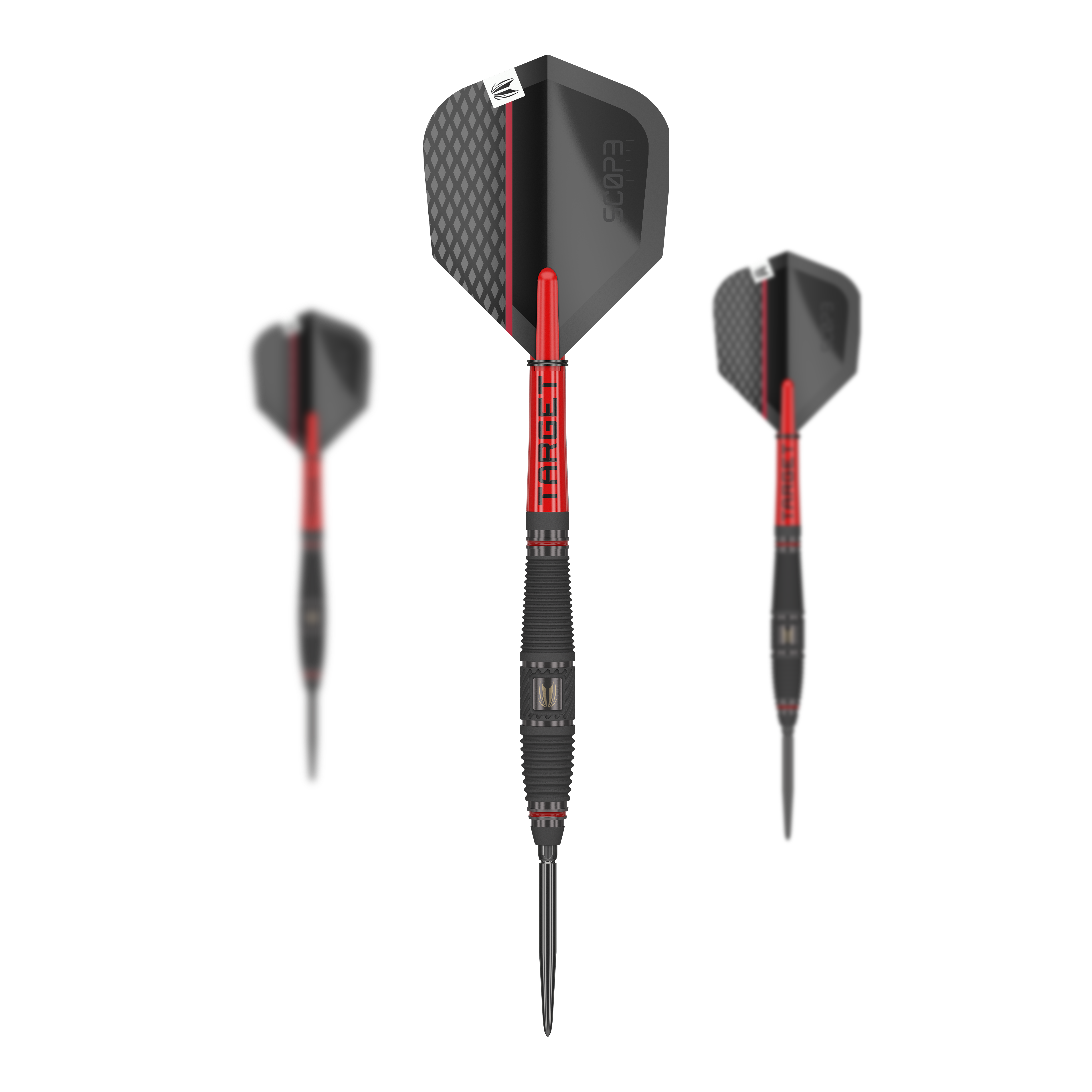 Target Scope 03 Swiss Point steel darts Das Bild zeigt drei Steeldarts des Produkts "Target Scope 03 Swiss Point". Die Darts sind schwarz und rot gestaltet und haben ein modernes, sportliches Design.
