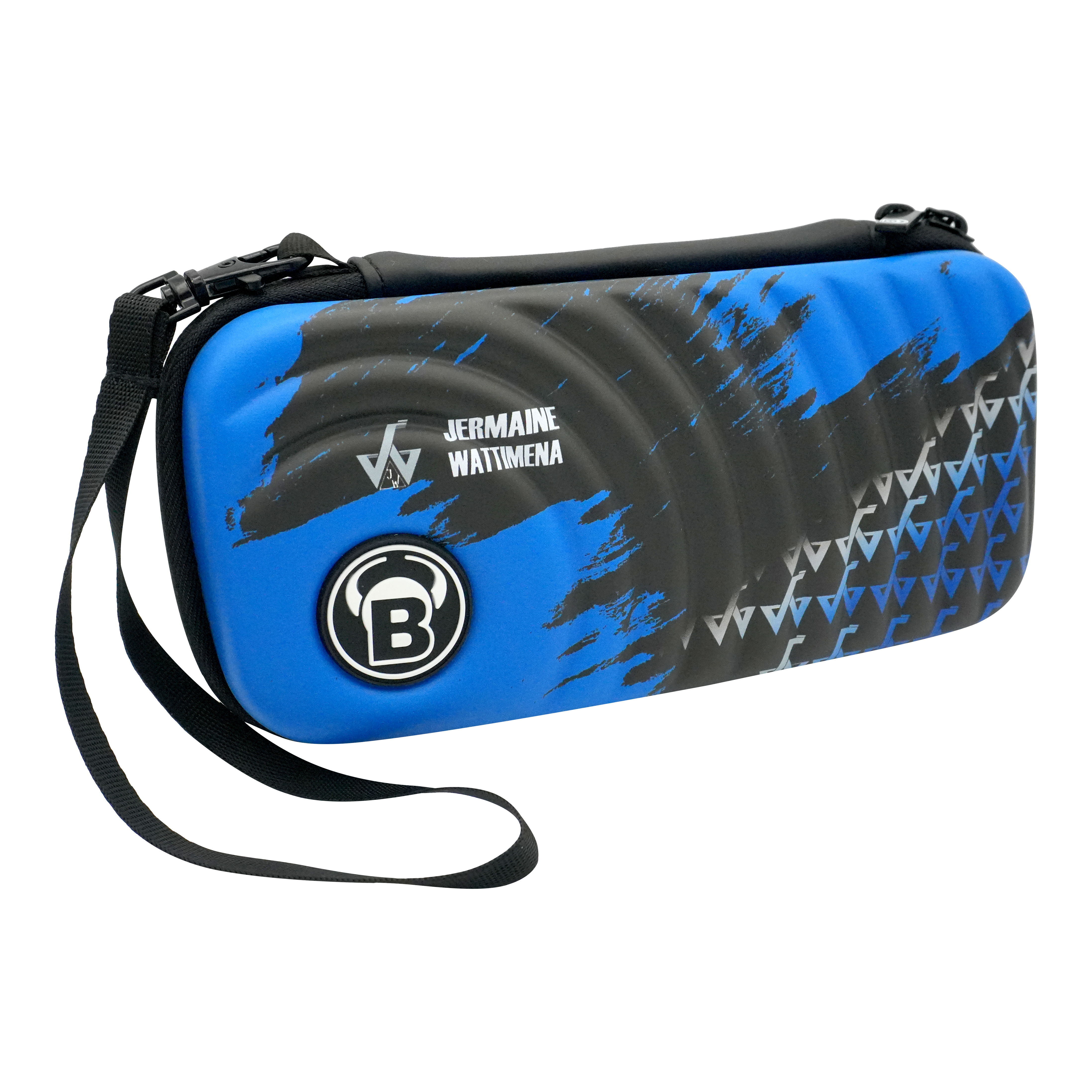 Bulls Orbis S Jermaine Wattimena dart case Auf dem Bild ist das Bulls Orbis S Jermaine Wattimena Dartcase zu sehen. Die Darttasche ist blau-schwarz gestaltet und trägt den Namen Jermaine Wattimena.