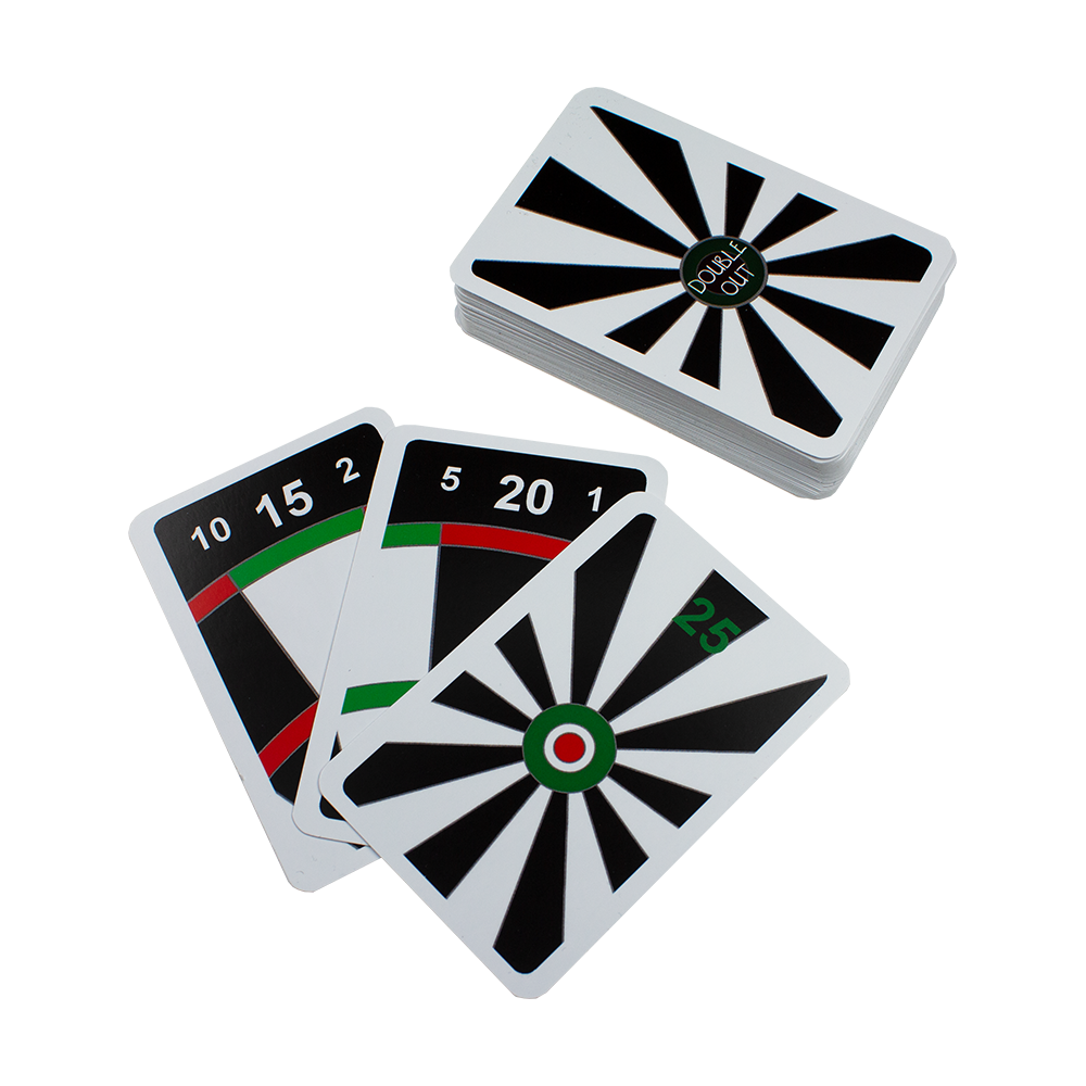 5172_McDart_Double_Out_Darts_Card_Game_2 Das Bild zeigt das Kartenspiel "McDart Double Out Darts Card Game". Auf den Spielkarten sind Dart-Zahlen und Dartboard-Grafiken abgebildet.
